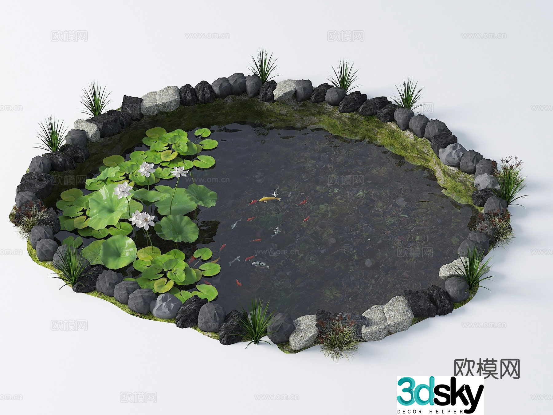 New Chinese-style landscape pool lotus pond Jingli pond native fish pond waterscape ecological fish pond 3D model