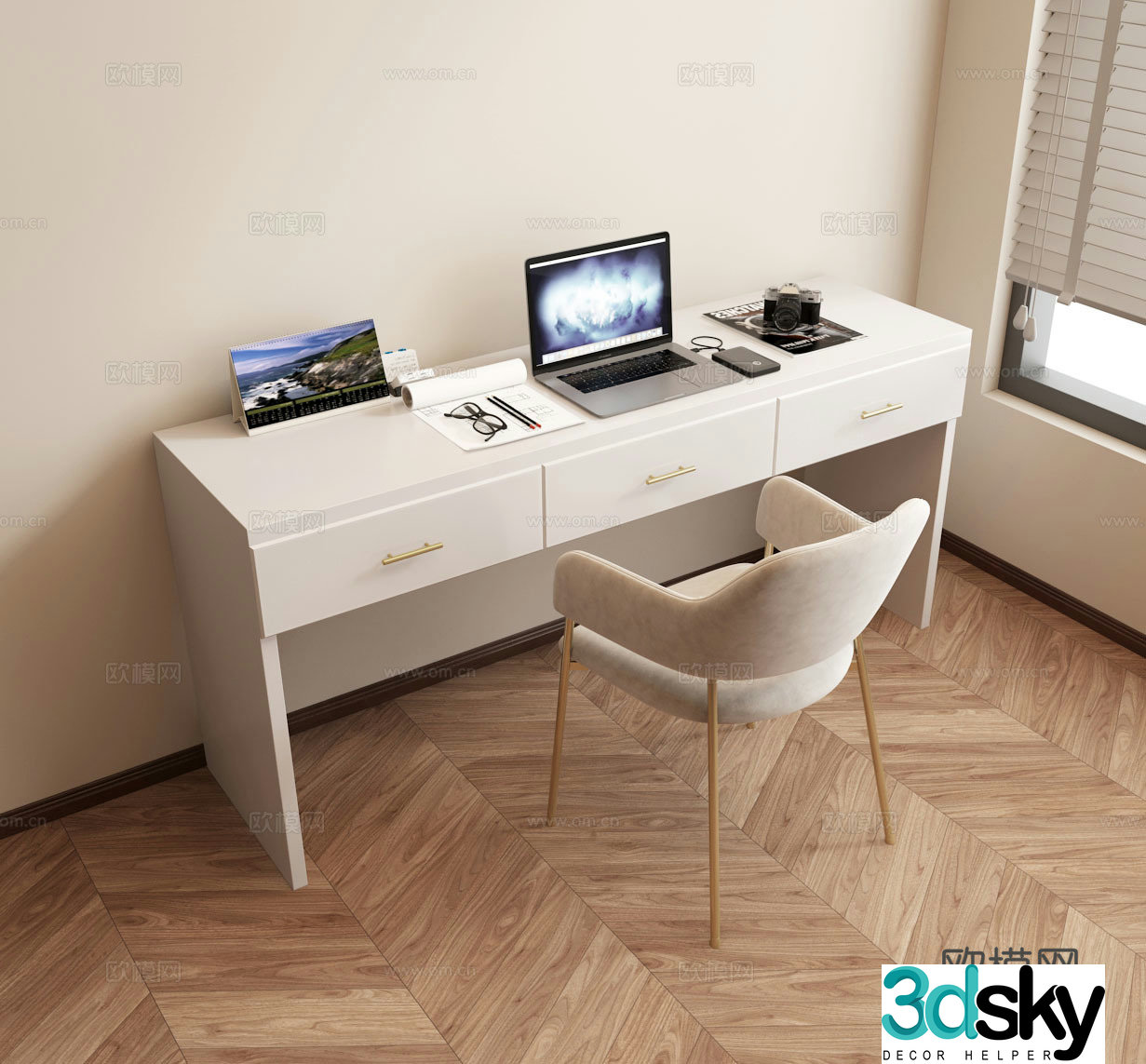 French cream modern writing desk chair laptop 3d model