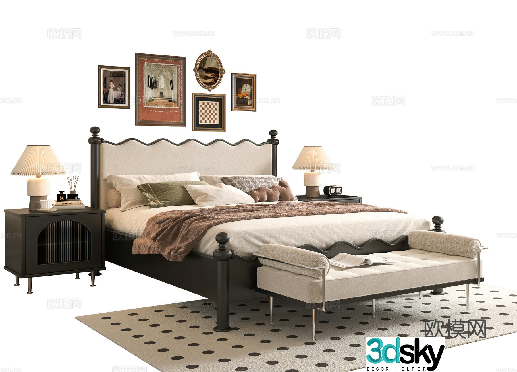 French double bed 3d model