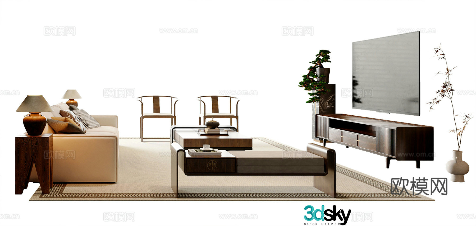 New Chinese sofa coffee table combination leisure chair sofa stool TV cabinet potted plant three-person sofa 3D model