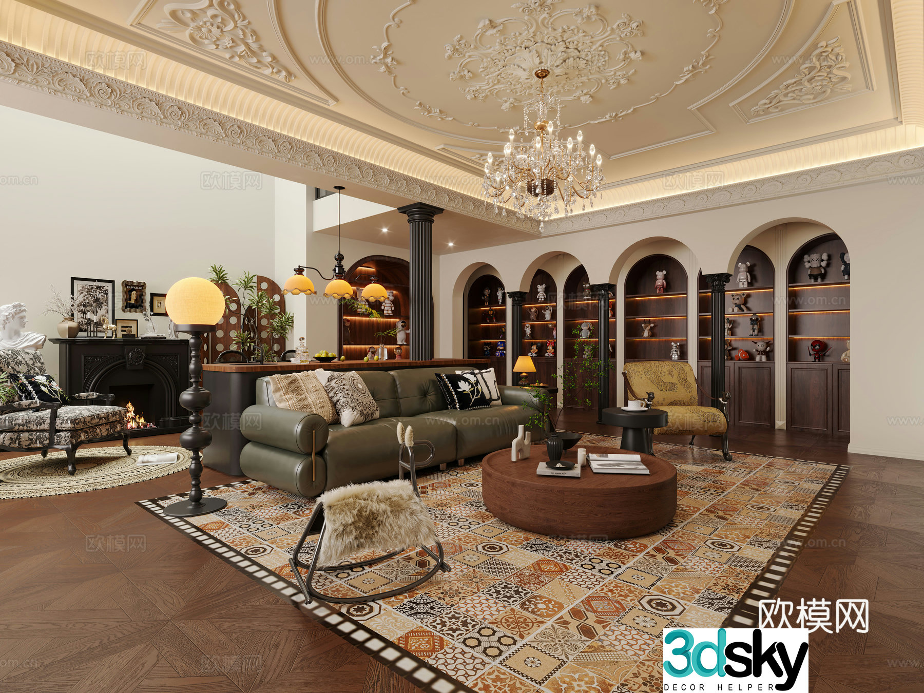 French retro living room French retro leisure chair sofa coffee table combination Roman column French retro hanging 3D model