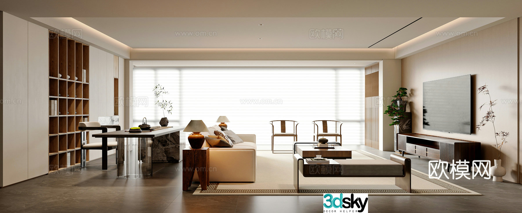 New Chinese living room New Chinese tea room Sofa tea table combination Bookcase Leisure chair Tea table chair 3D model