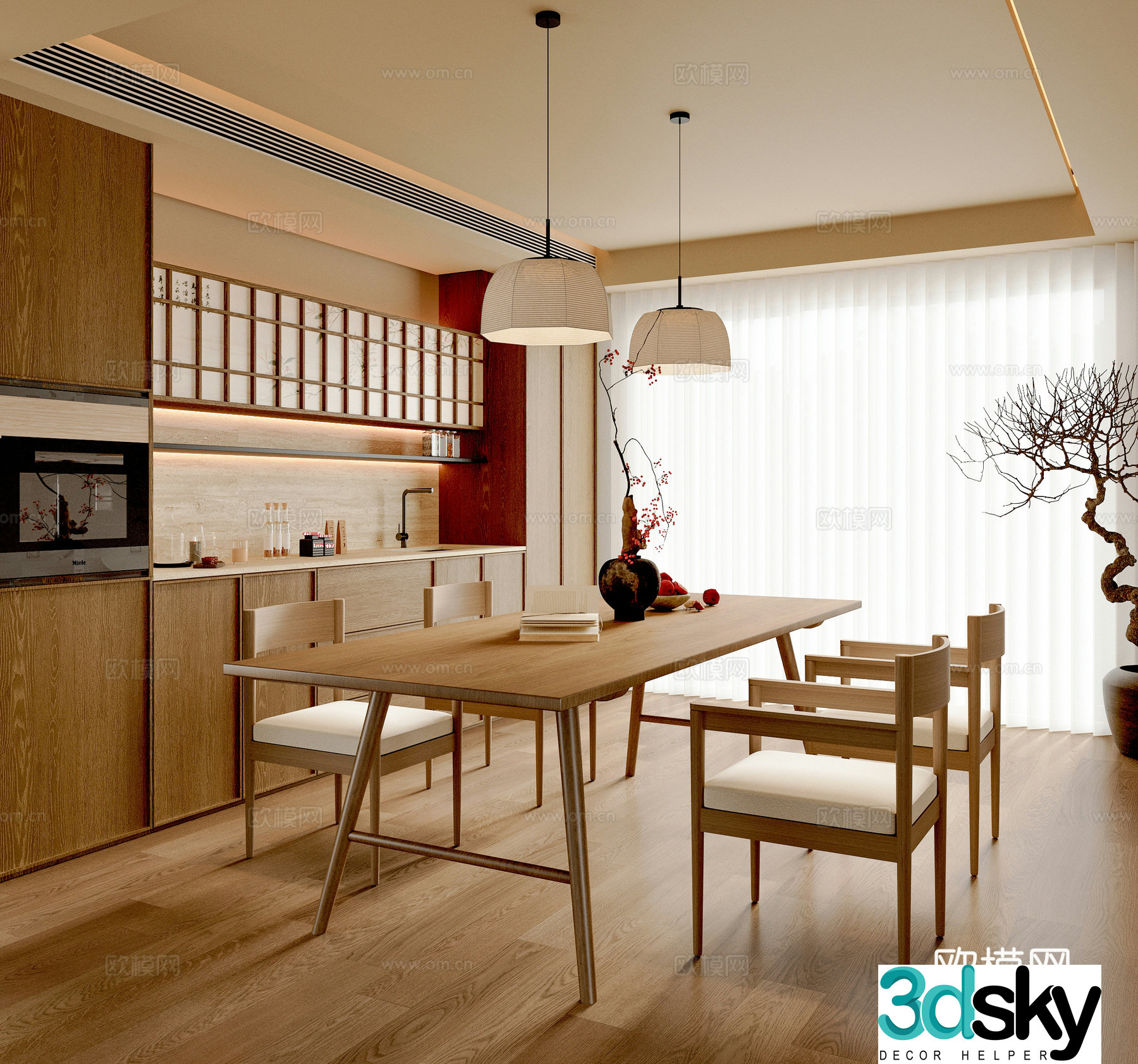 New Chinese restaurant Dining table and chairs Sideboard Decorative cabinet Chandelier Song style 3D model