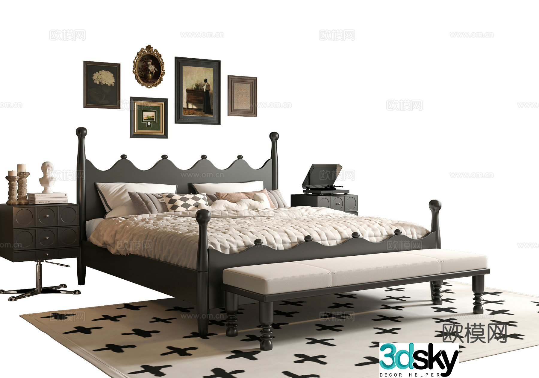 French double bed 3d model