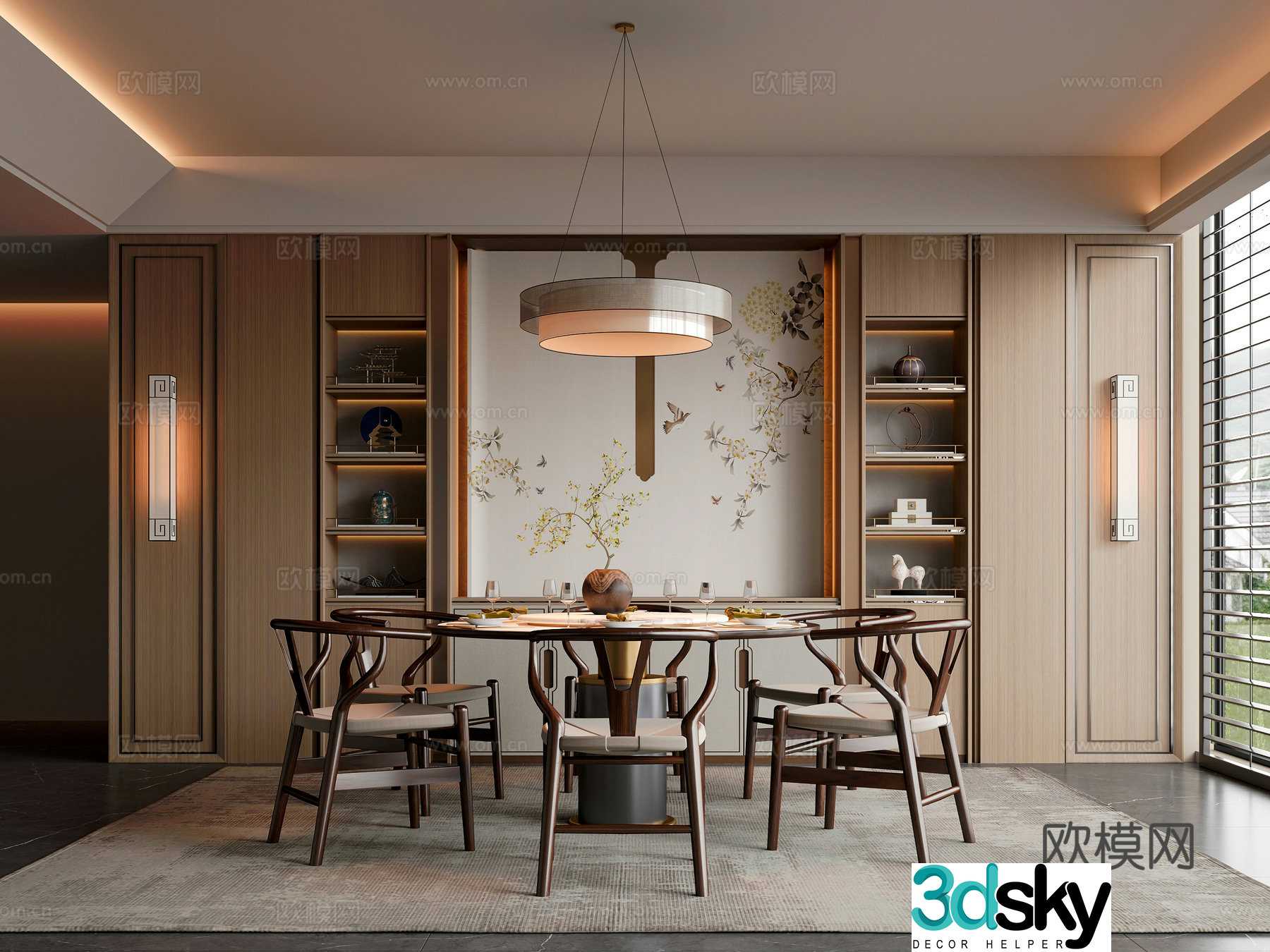 New Chinese restaurant Dining table and chairs Sideboard Decorative cabinet Chandelier Song style 3D model