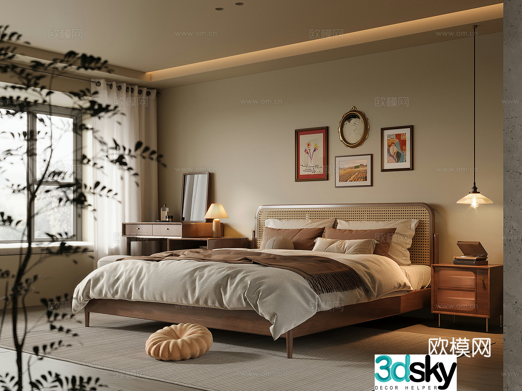 Middle-aged home bedroom solid wood double bed bedside table solid wood dressing table and chair chandeliers 3D model