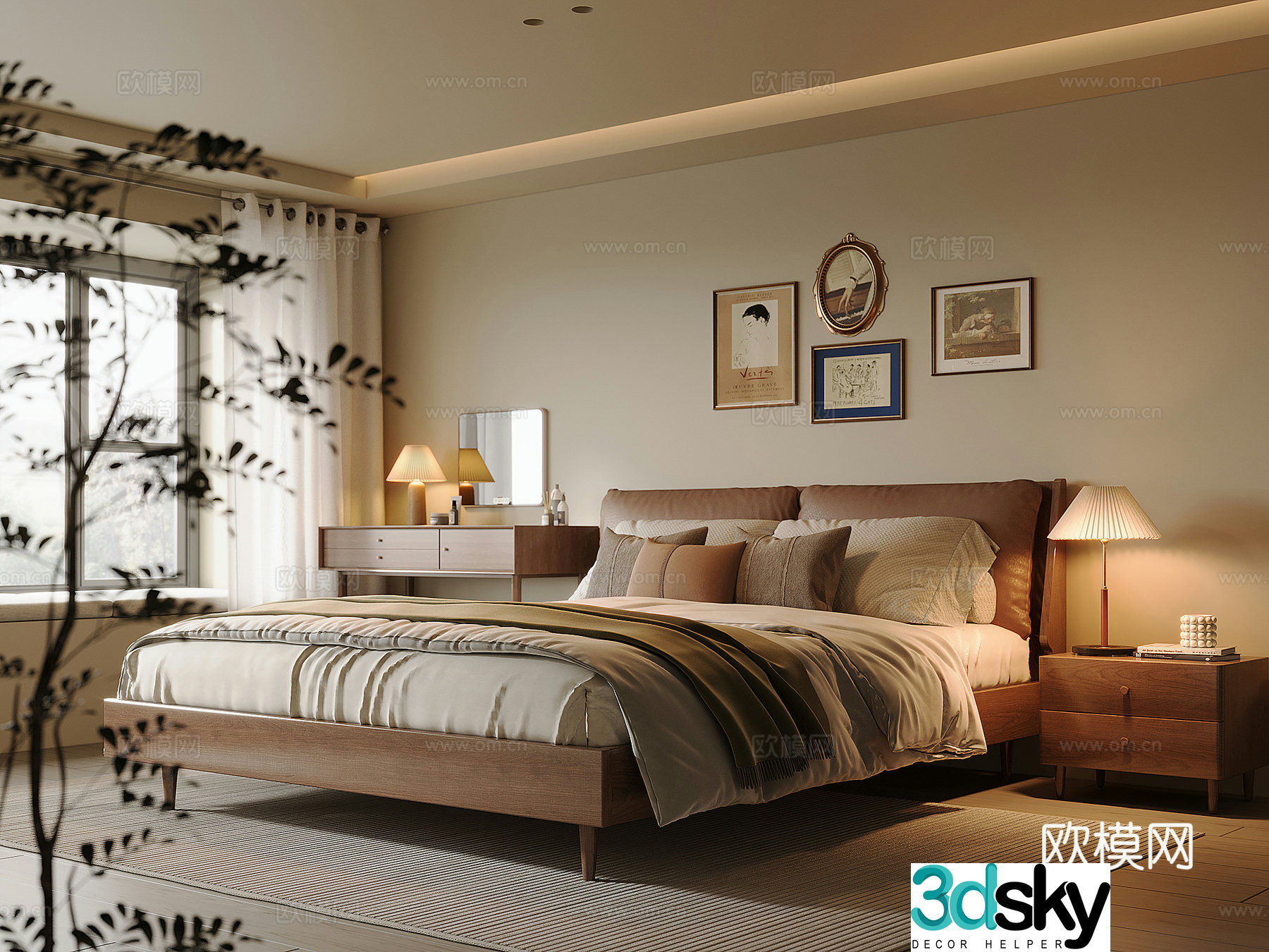 Middle-aged home bedroom solid wood double bed bedside table solid wood dressing table and chair chandeliers 3D model