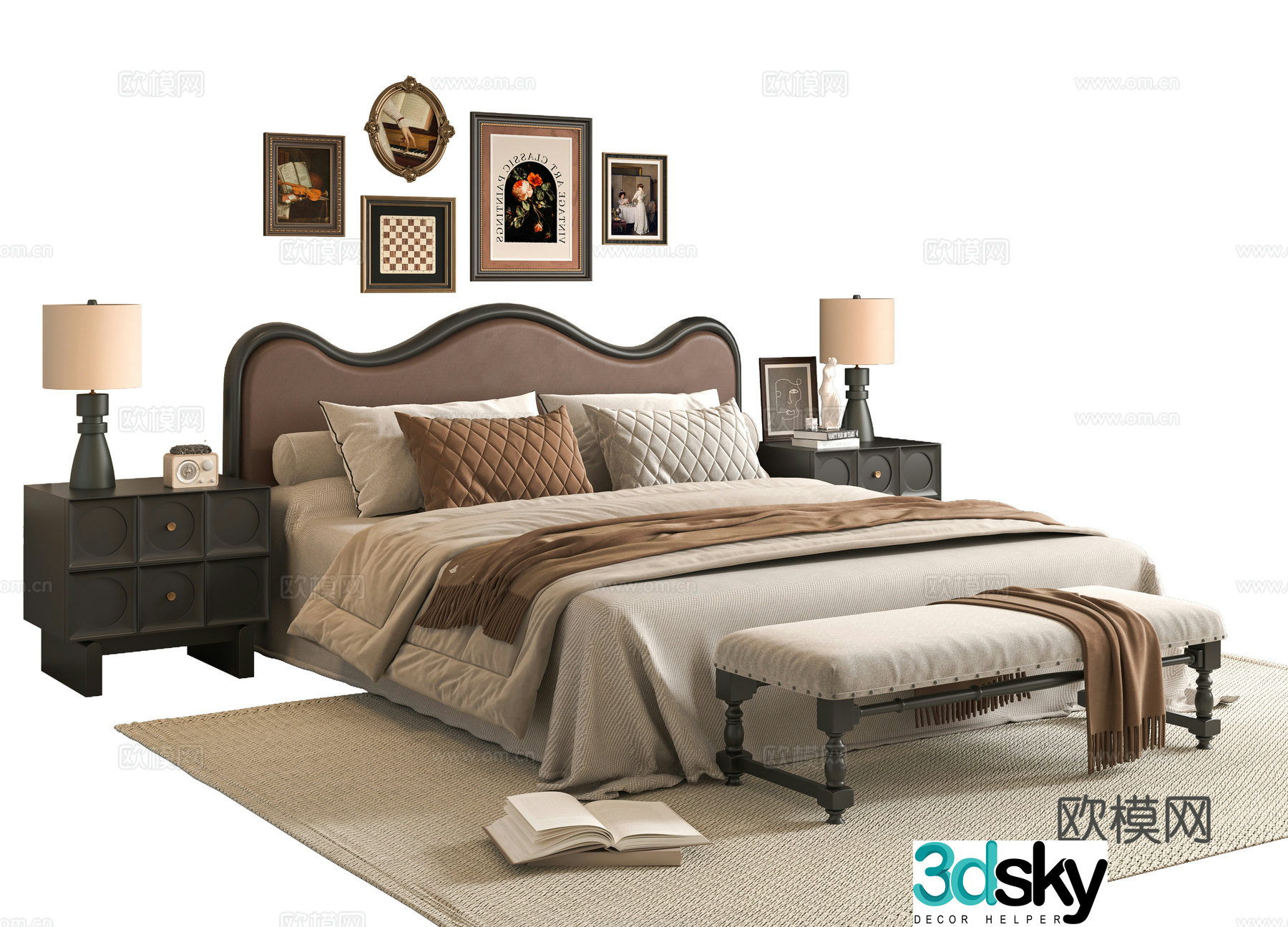 French double bed 3d model
