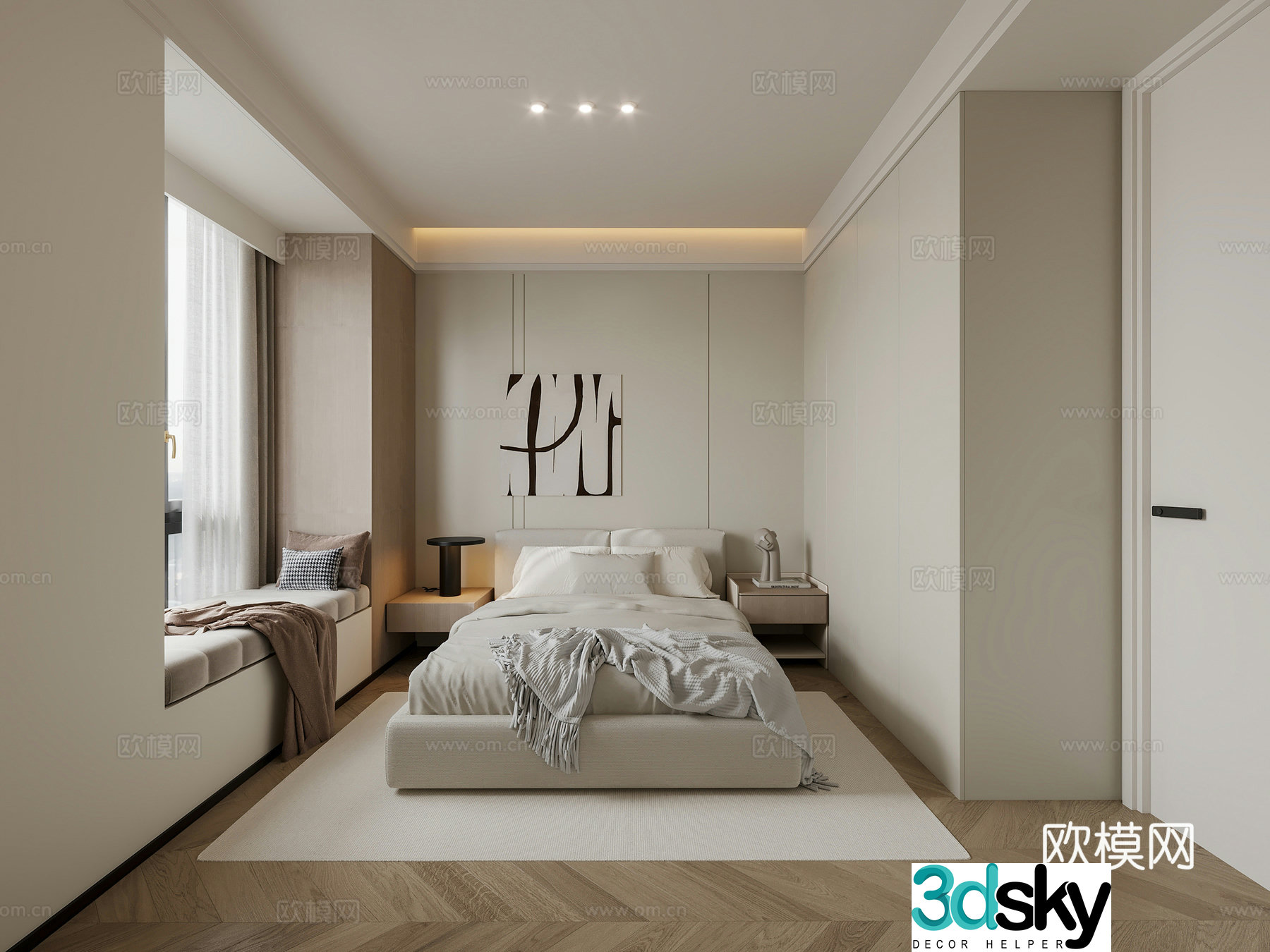 Modern simple bedroom Simple elder room Creamy bedroom Parent room Bathroom Window mat Fish bone ground 3D model