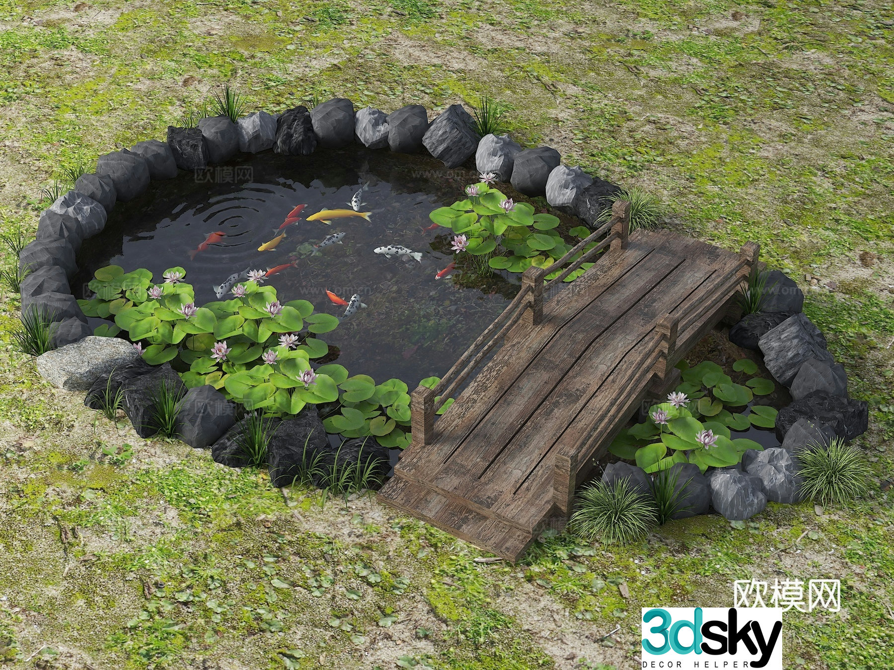 New Chinese-style landscape pool lotus pond Jingli pond native fish pond waterscape ecological fish pond 3D model
