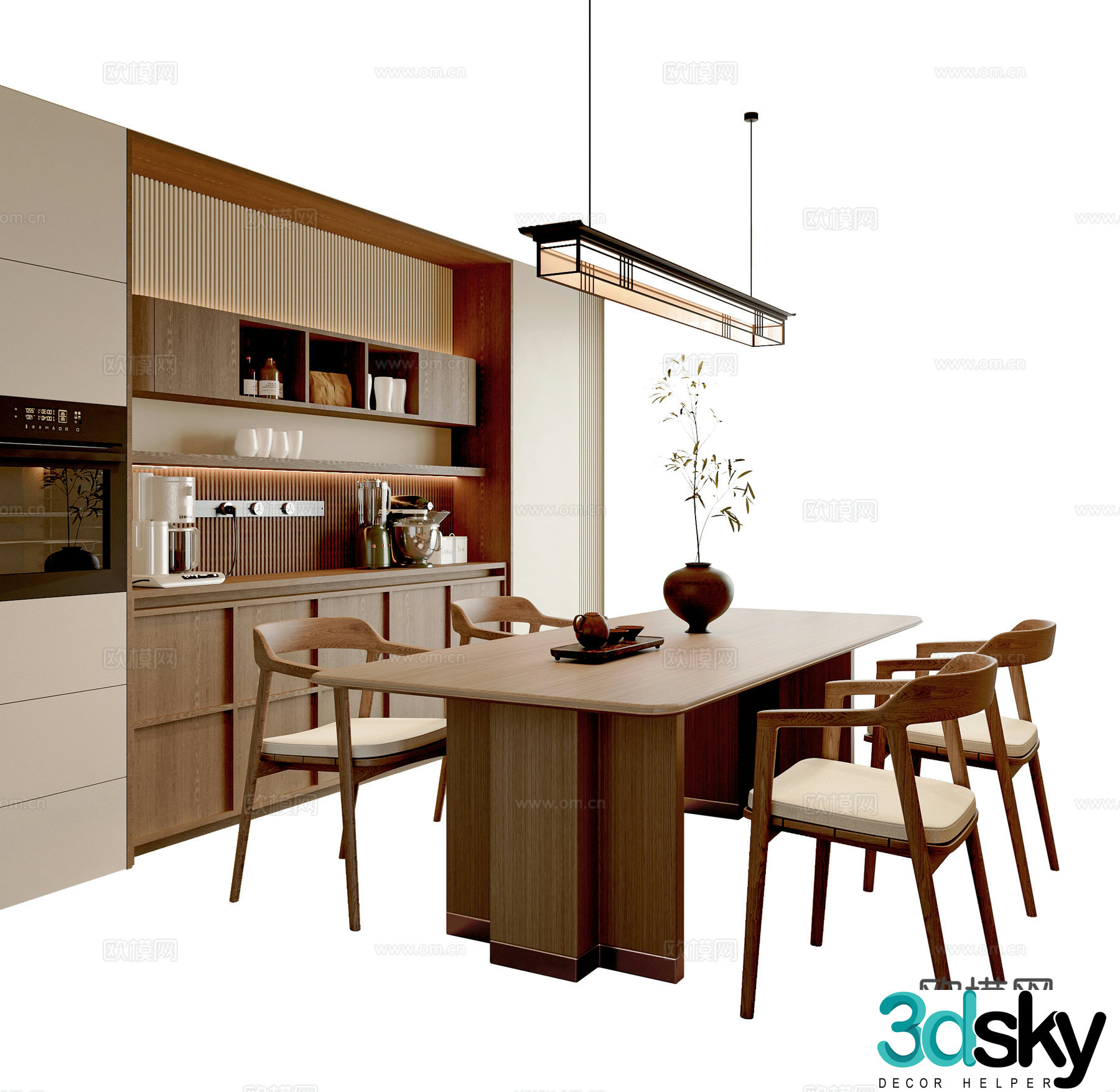 New Chinese style dining table and chair combination dining chair long table chandelier sideboard 3D model