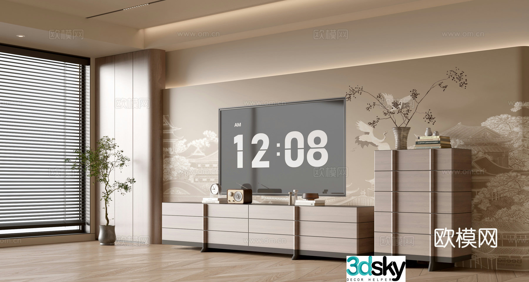Wasabi Middle Style TV Cabinet TV Background Wall Overall Cabinet TV Background Wall Medal Style 3D Model