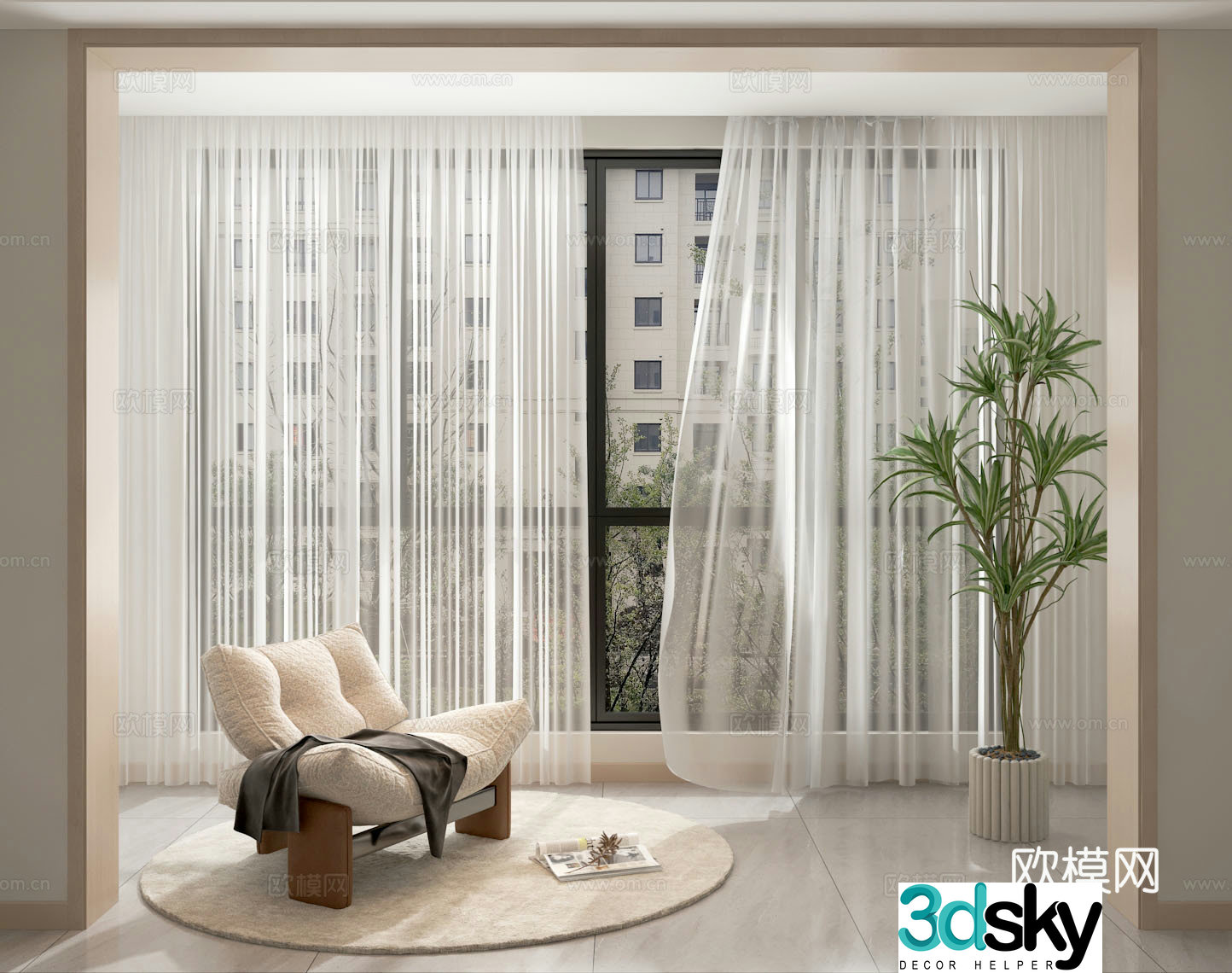 Modern balcony lazy sofa window screen curtain 3d model