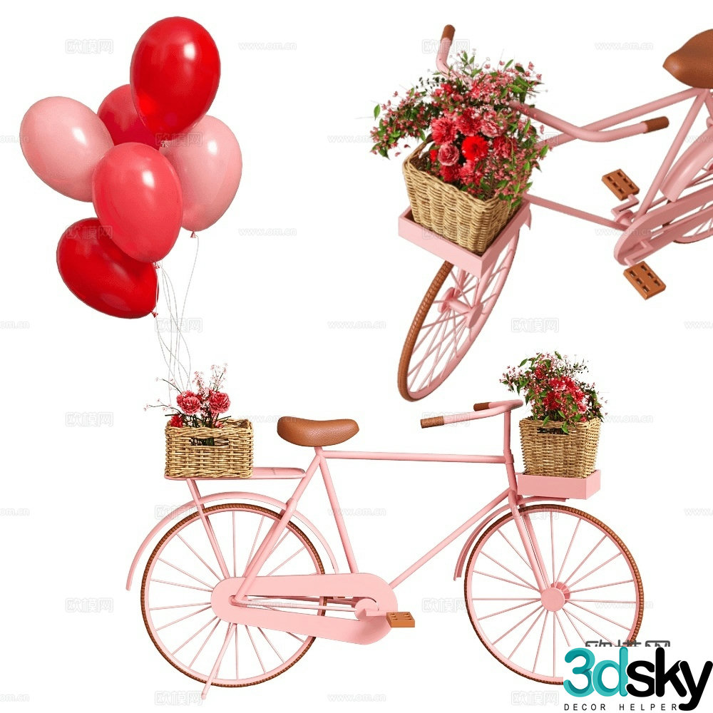 Valentine’s Day Bike Bicycle Bike Pink Bike Valentine’s Day Ornament Balloon 3D Model