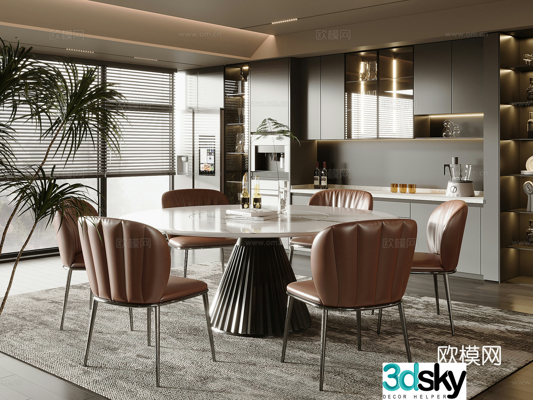 Modern round marble dining table and chair 3d model