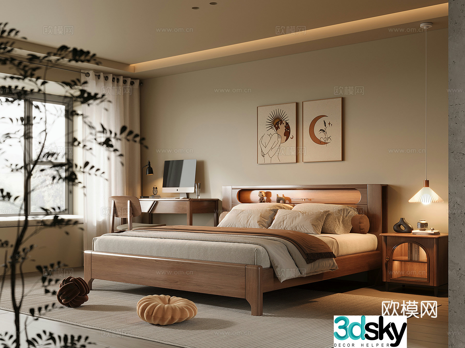 Middle-aged home bedroom solid wood double bed bedside table solid wood desk and chair chandeliers 3D model