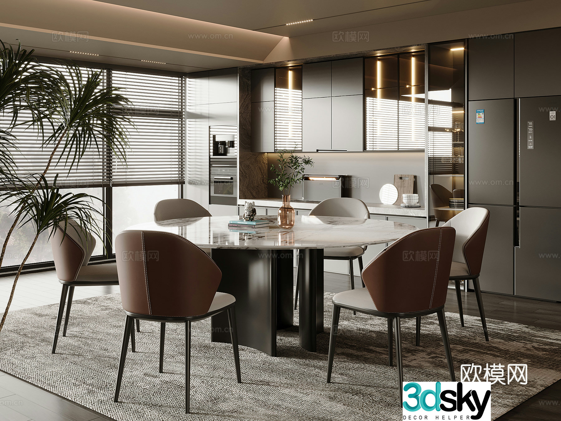Modern round marble dining table and chair 3d model