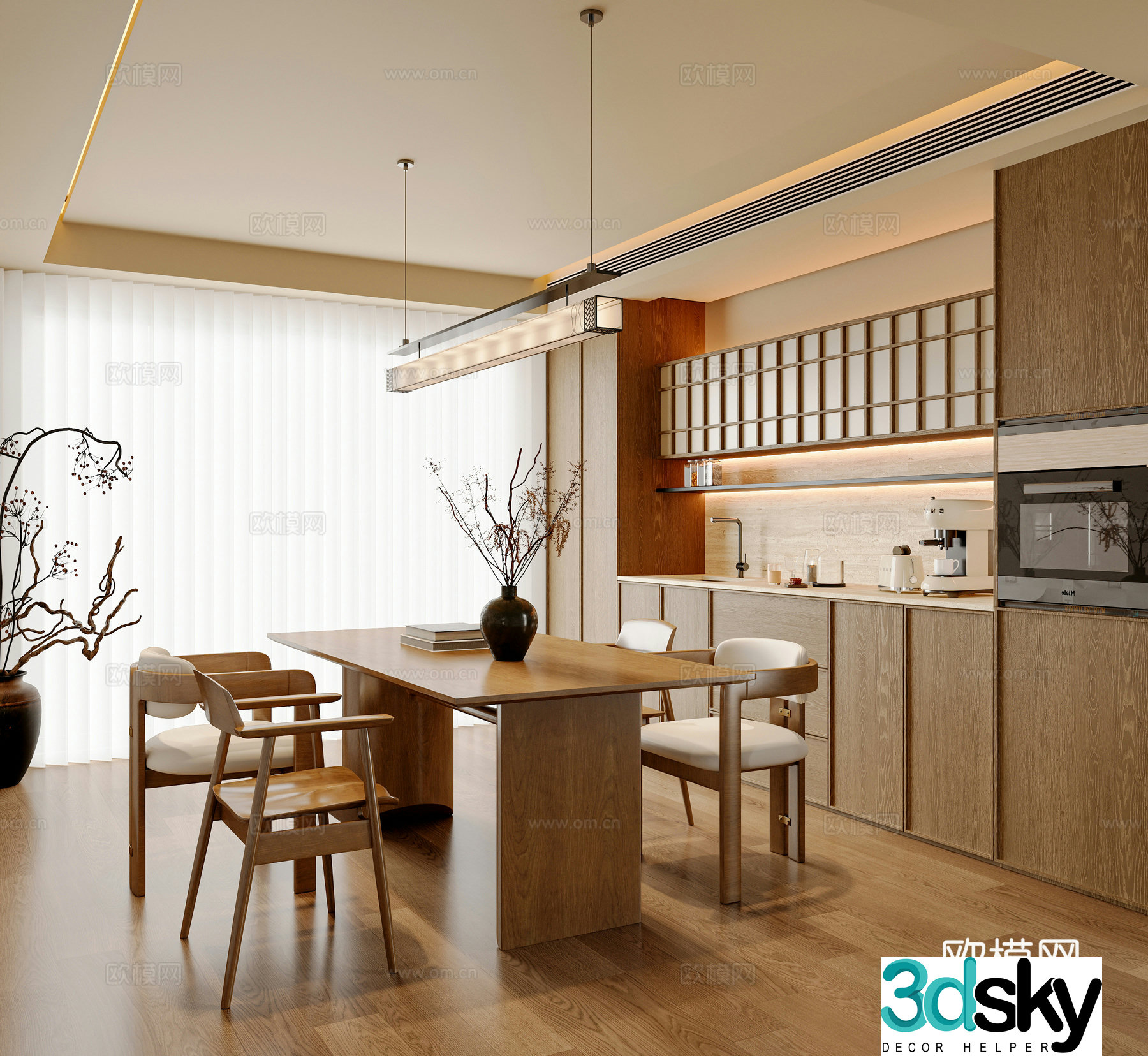 New Chinese restaurant Dining table and chairs Sideboard Decorative cabinet Chandelier Song style 3D model