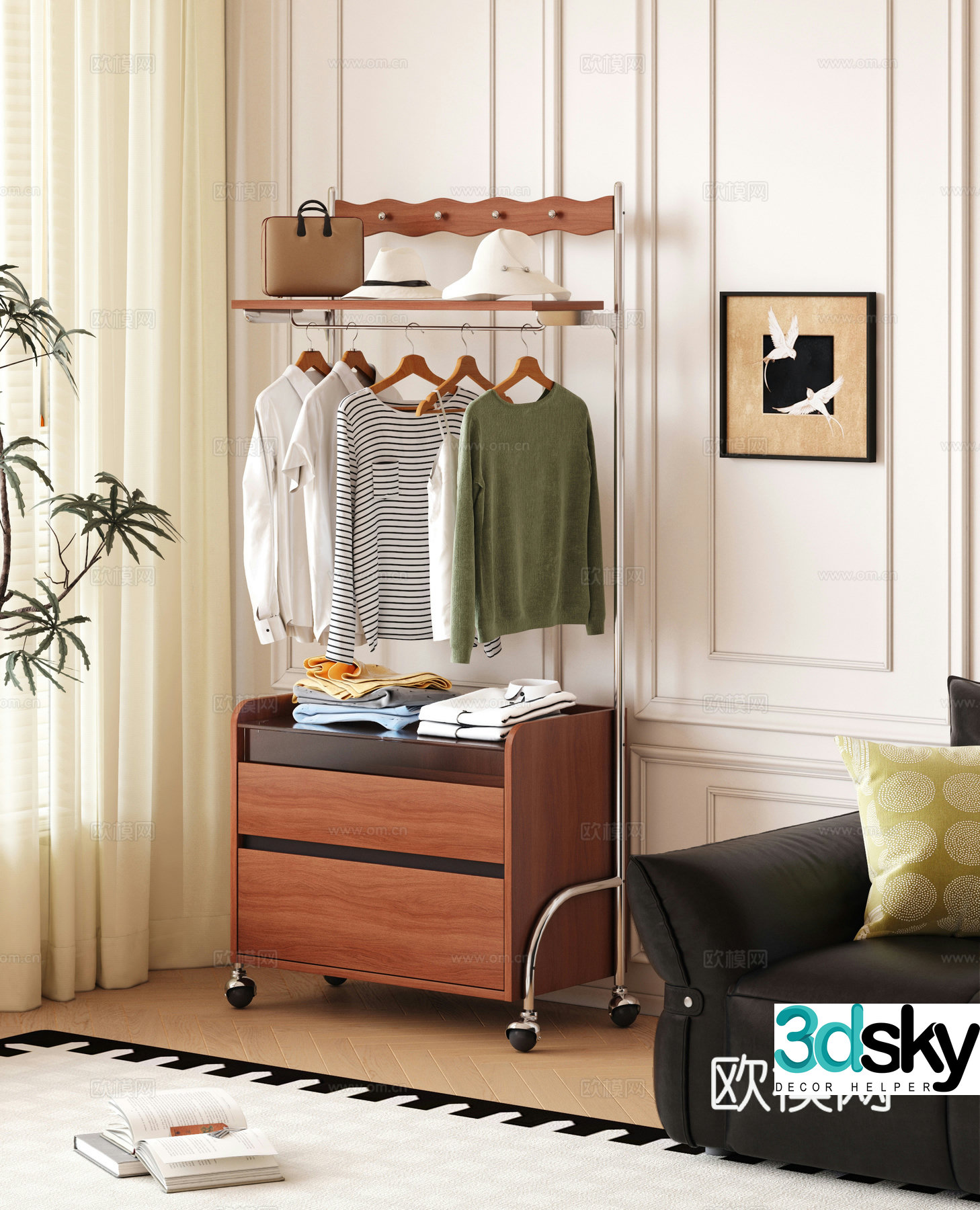Modern medieval style floor-standing clothes hanger mobile clothes hanger 3D model