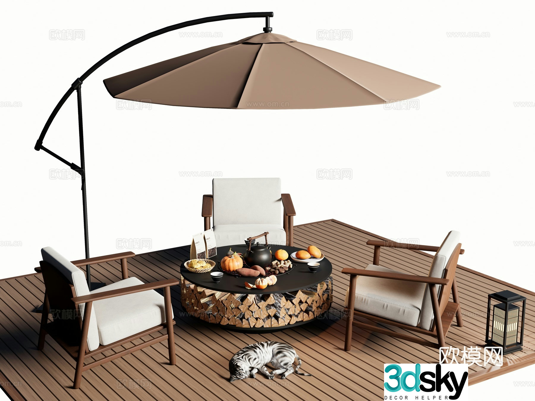 Modern outdoor table and chairs outdoor dining table and chairs tea cooking in the stove stove parasol 3d model