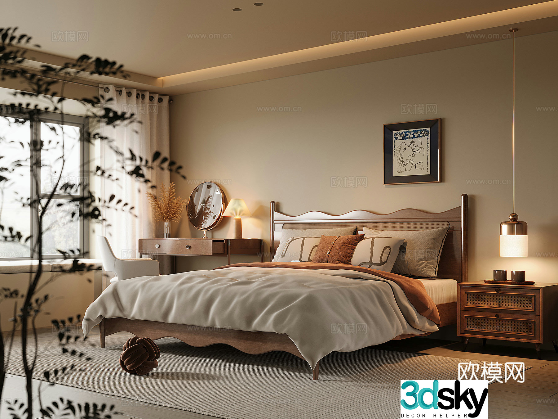 Middle-aged home bedroom solid wood double bed dressing table and chair bedside table 3D model