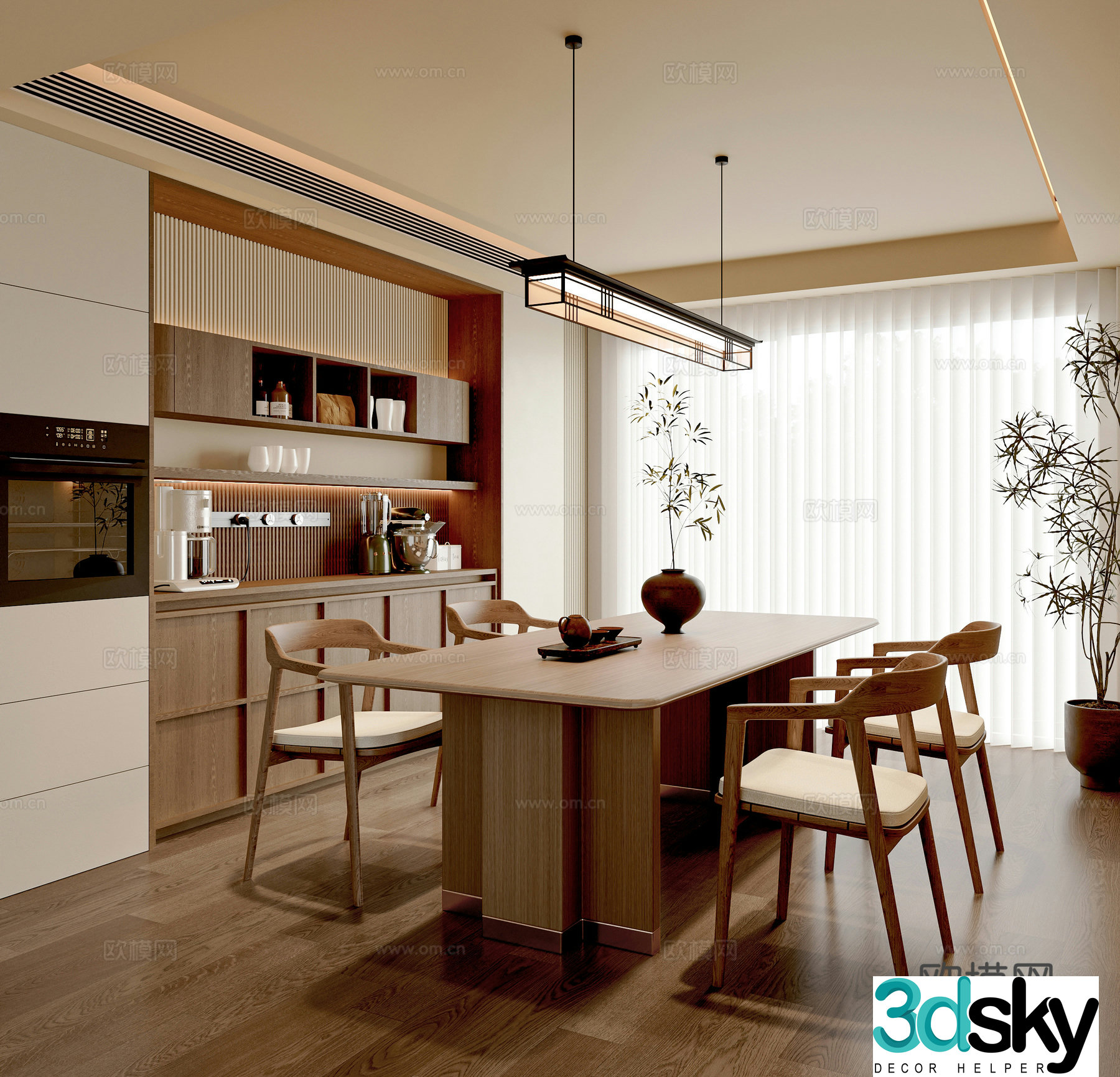 New Chinese restaurant Dining table and chairs Sideboard Decorative cabinet Chandelier Song style 3D model