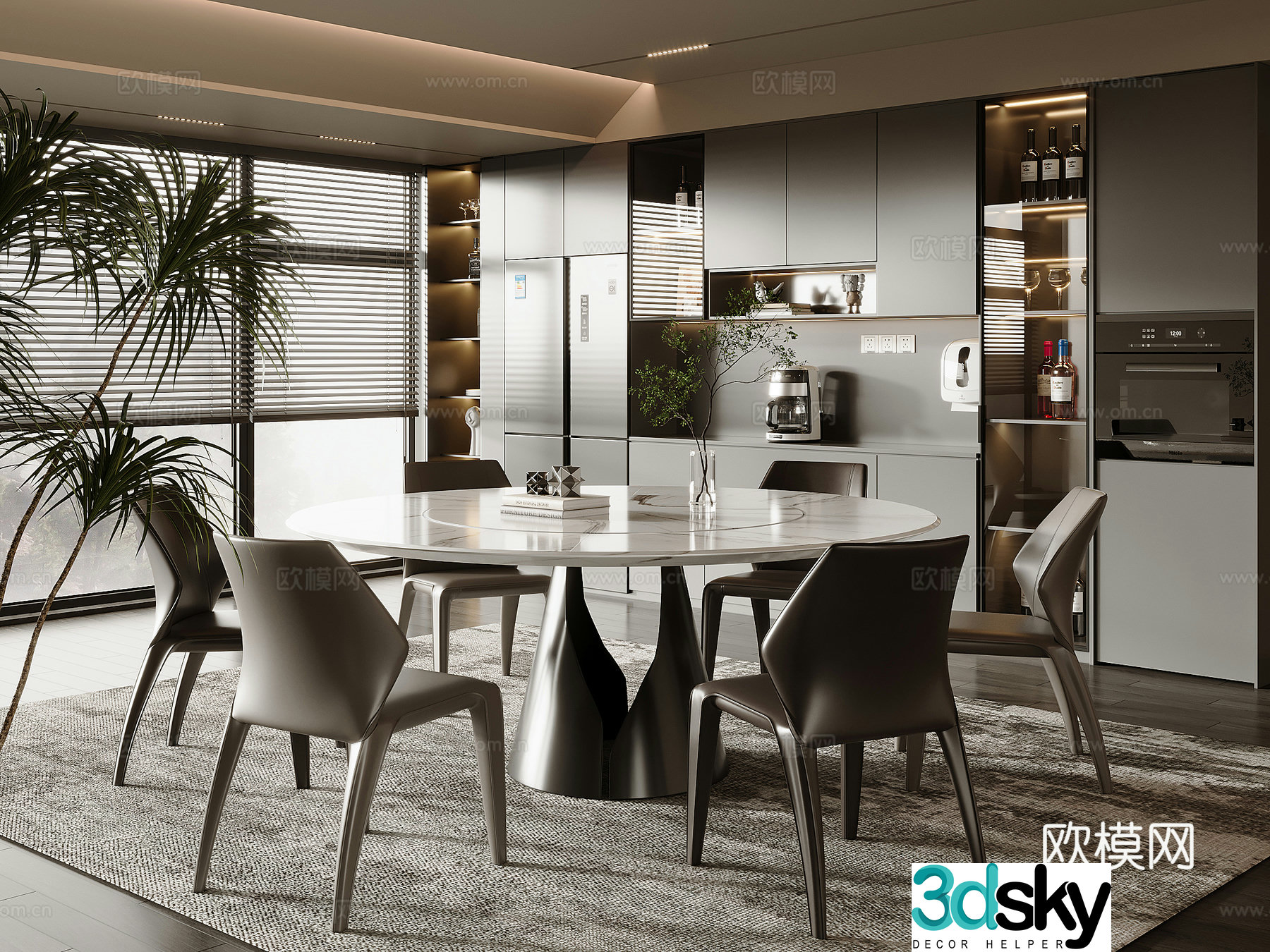 Modern round marble dining table and chair combination 3D model