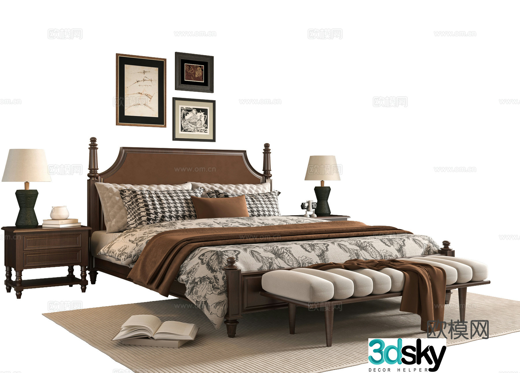 French double bed 3d model