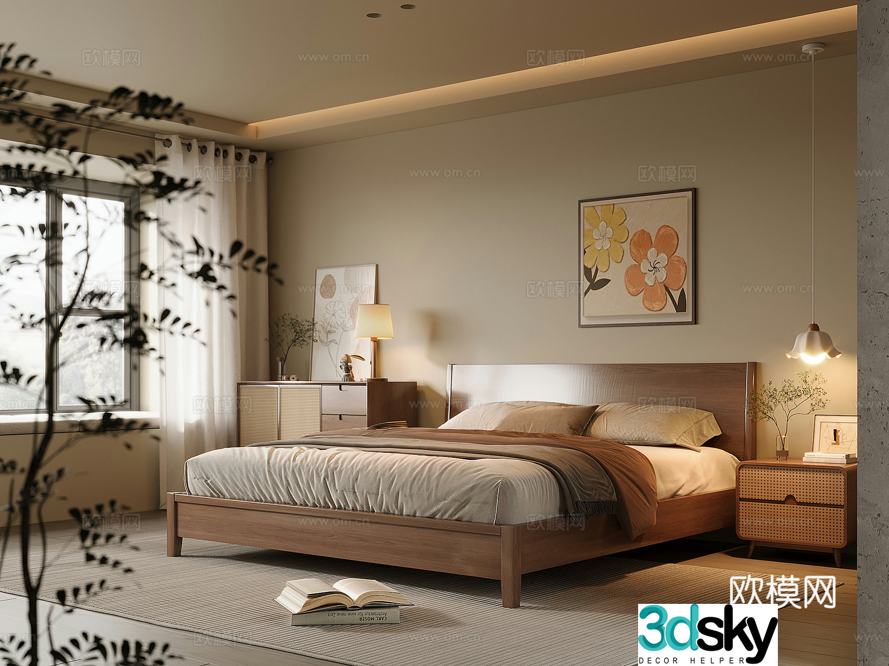 Middle-aged home bedroom solid wood double bed bedside table solid wood side cabinet chandeliers 3D model