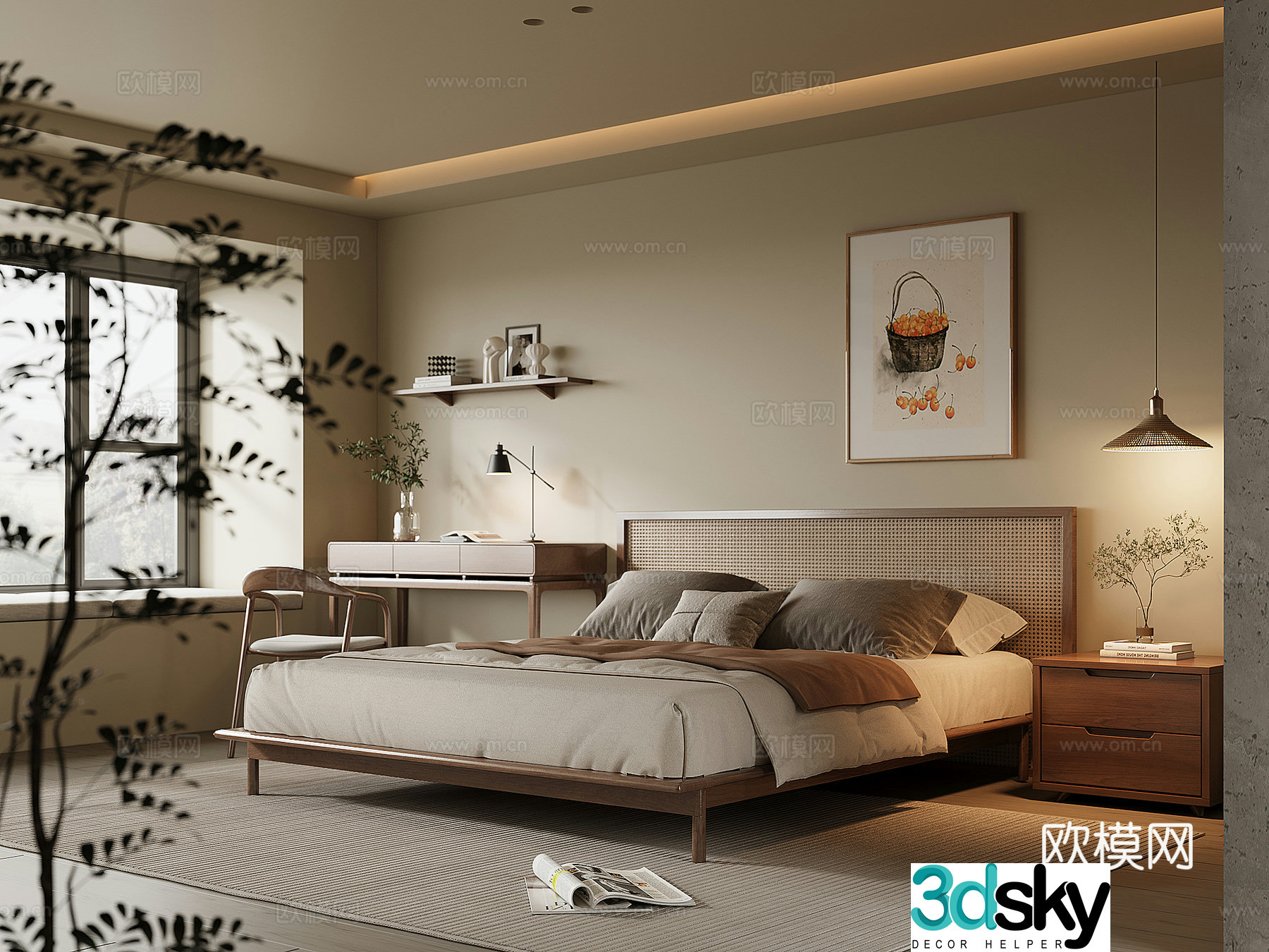 Middle-aged home bedroom solid wood double bed bedside table solid wood desk and chair chandeliers 3D model