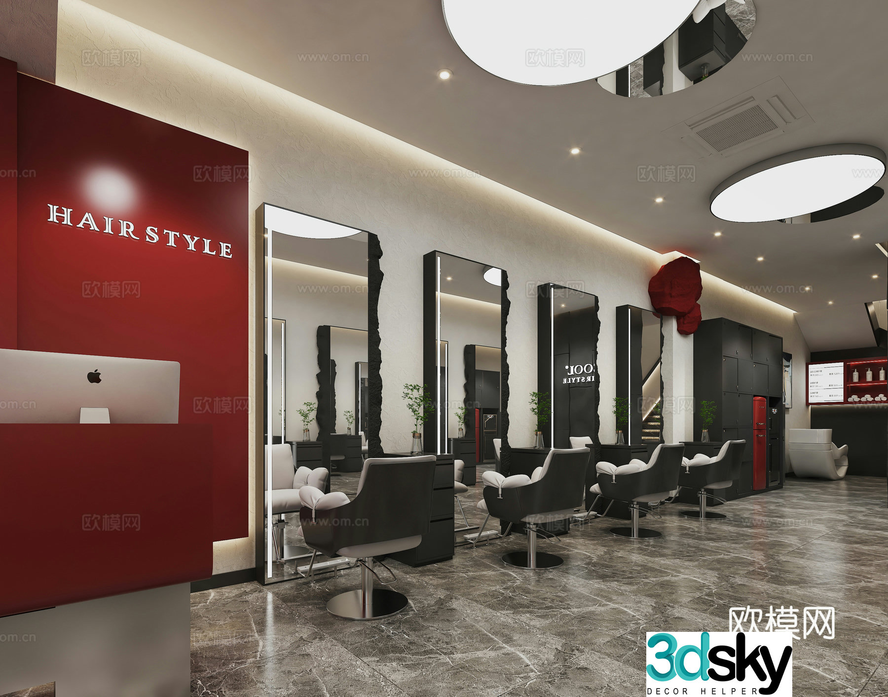Modern hair salon internet celebrity barber shop internet celebrity mirror image wall stone 3d model
