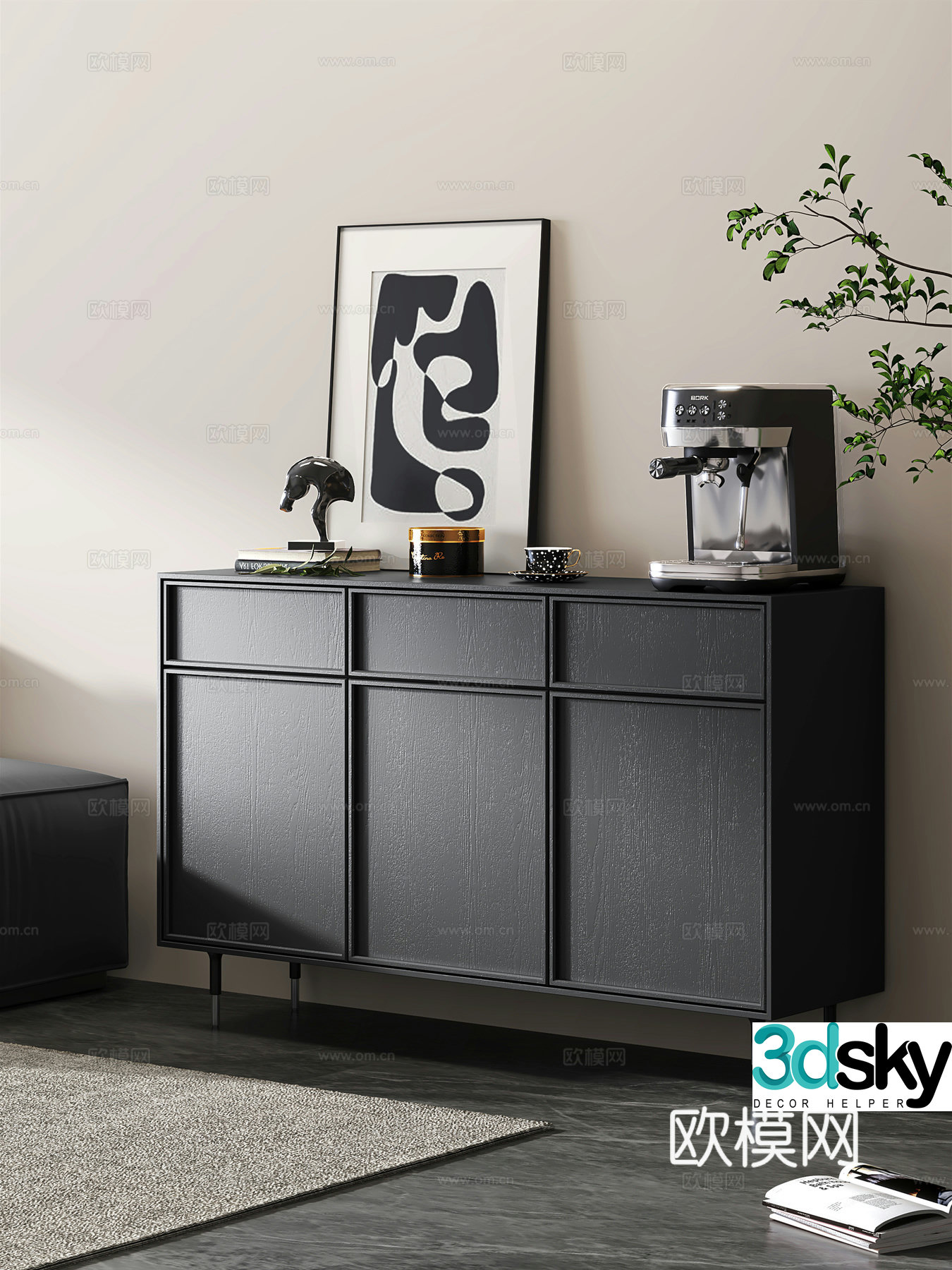 Italian style entrance side cabinet end view cabinet decoration ornament decorative painting coffee machine 3D model