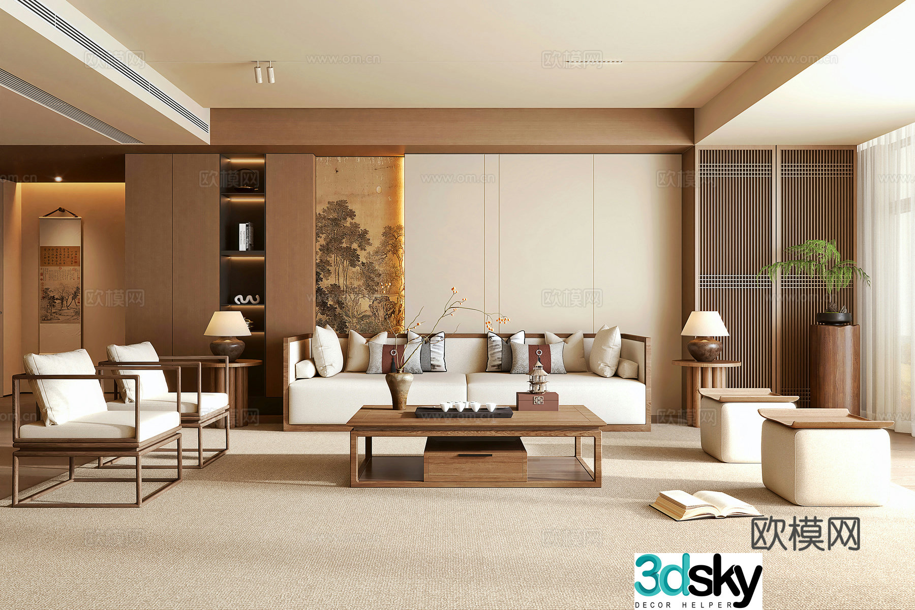 New Chinese living room New Chinese style combination sofa Coffee table New Chinese style sofa background wall Potted green plants 3D model