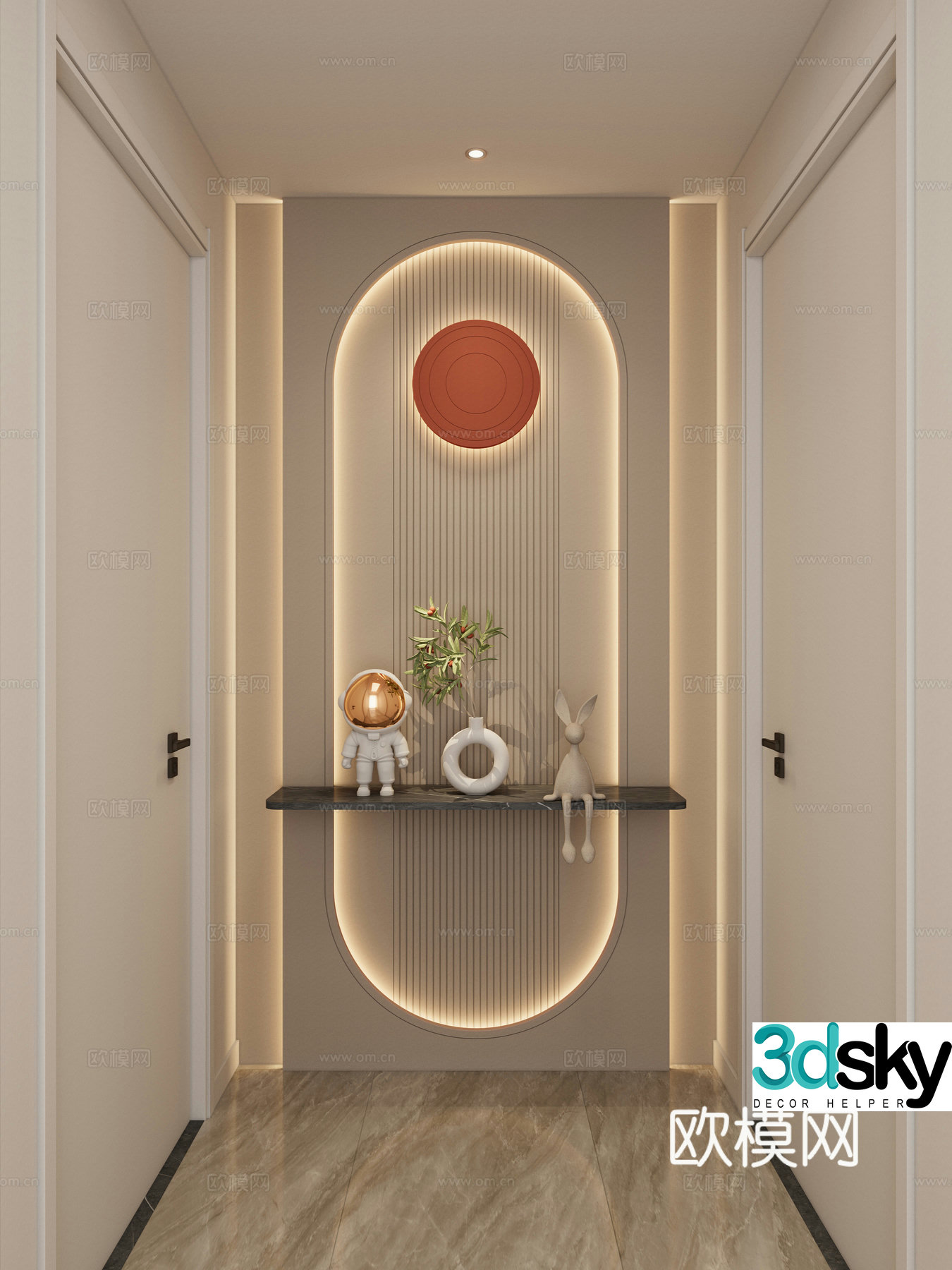 Cream Simple Style Curved Shape Hermes Orange Grid Board Corridor End View Entrance Entrance 3D Model