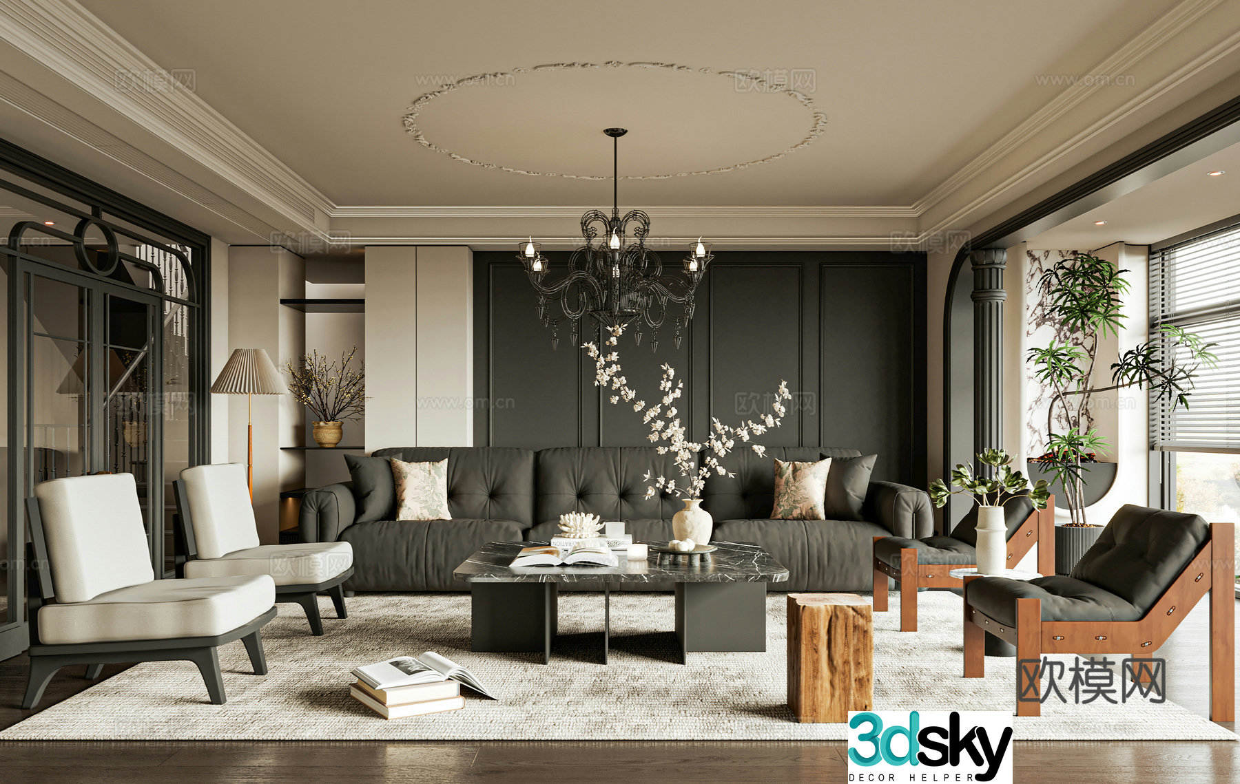 French living room sofa single chair coffee table 3d model