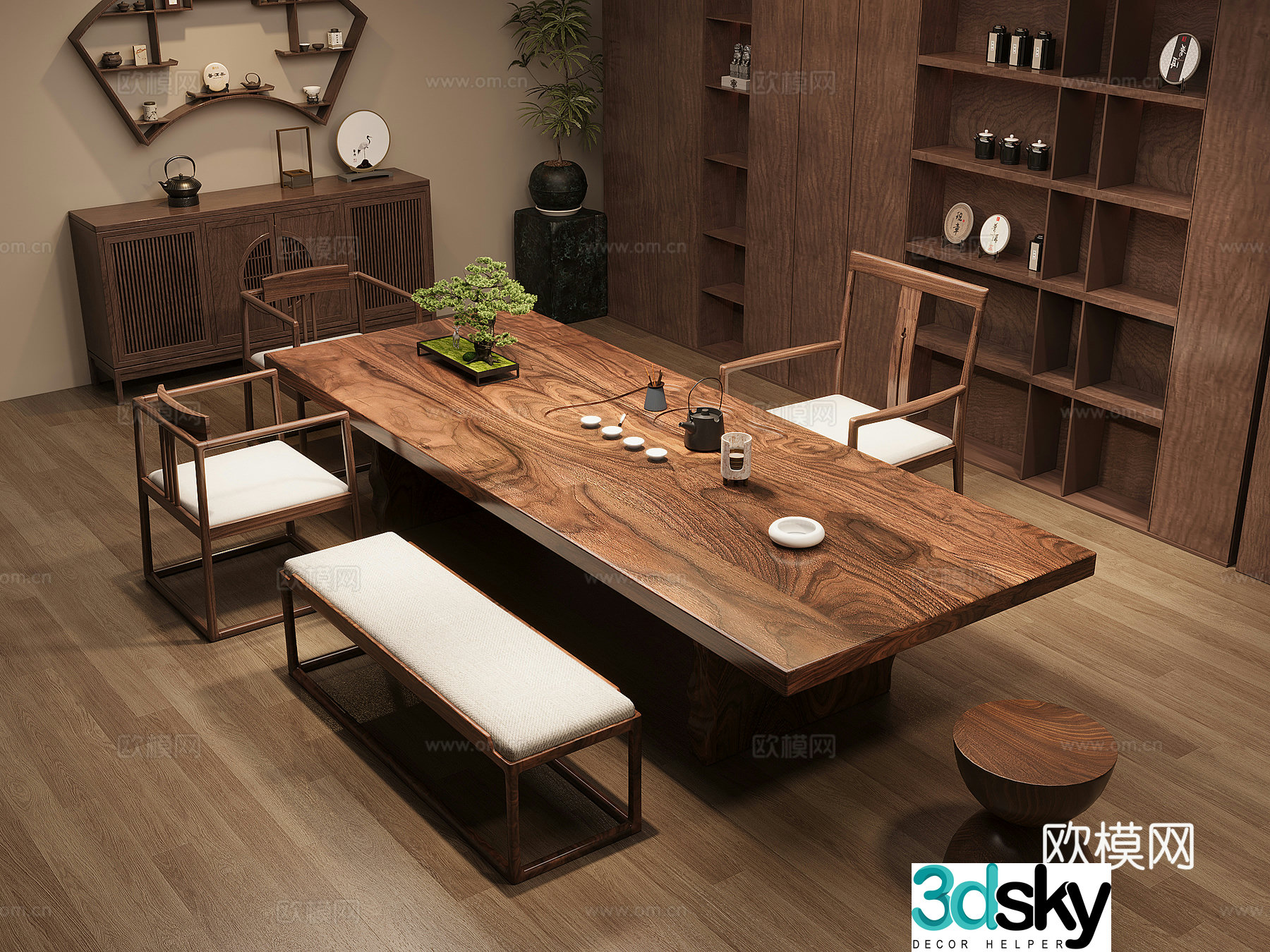 New Chinese-style solid wood tea table and chair combination large board table tea table solid wood storage cabinet tea cabinet 3D model