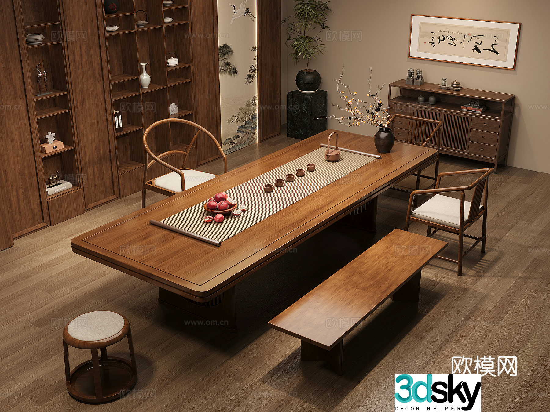 Solid wood tea table and chair combination large board table tea table solid wood storage cabinet tea cabinet tea set supplies 3D model