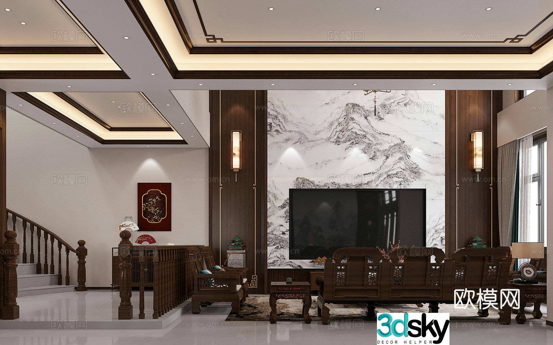 Chinese style empty living room 3D model
