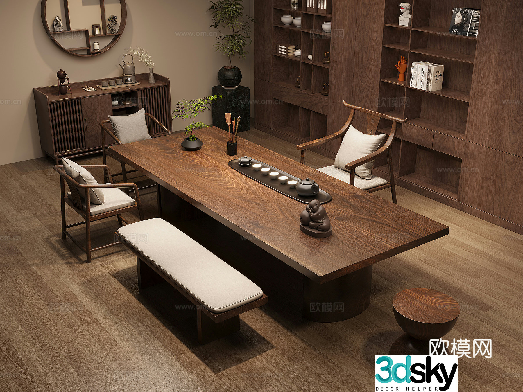 New Chinese-style solid wood tea table and chair combination large board table tea table solid wood storage cabinet tea cabinet 3D model