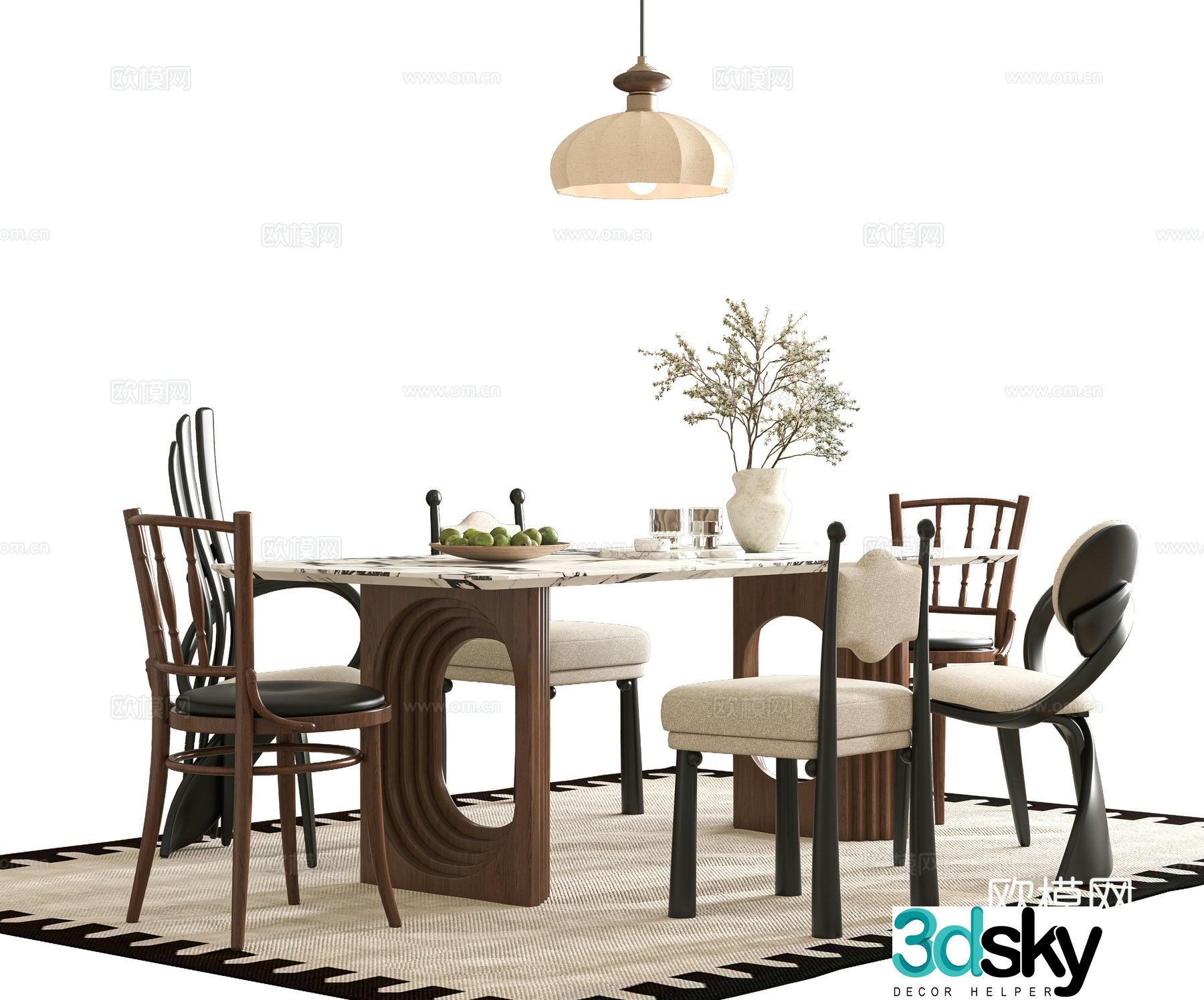 Medium style dining table and chair 3D model