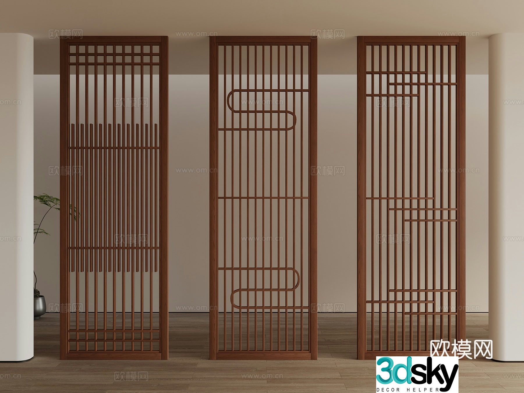 New Chinese style partition screen grid wooden partition 3d model