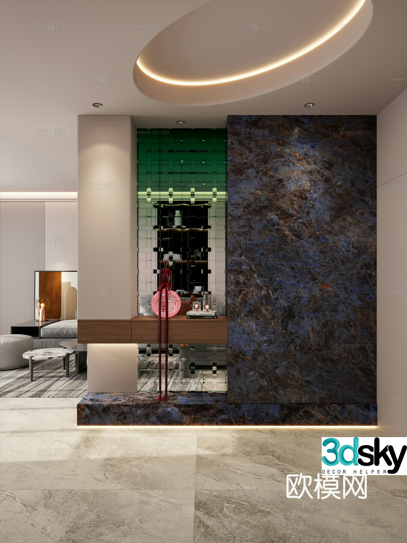 Italian style light luxury style oval luxury stone gradient glass door partition entrance door 3D model