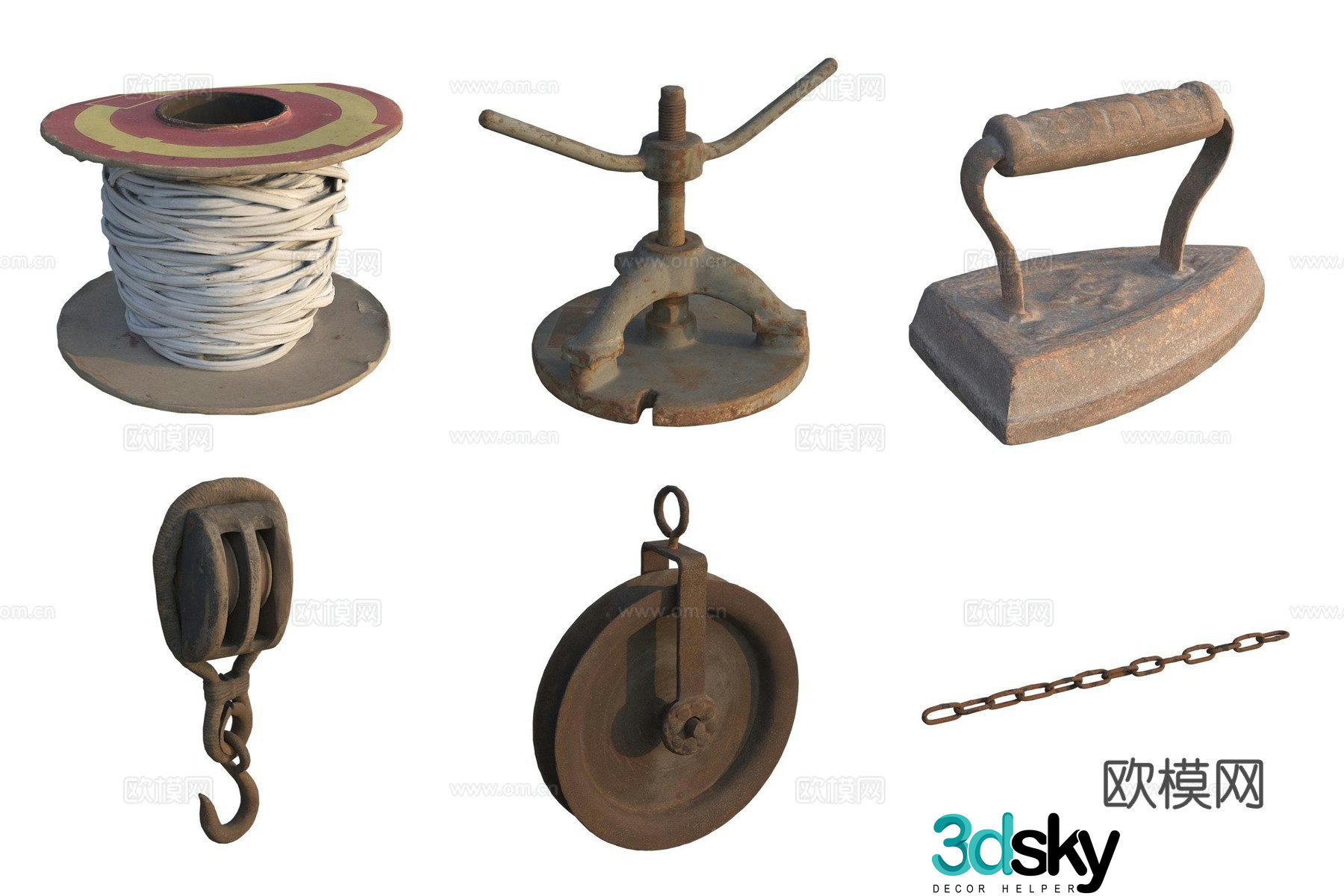 Tools and accessories Auto repair parts iron pulley set iron hook iron chain rope 3d model