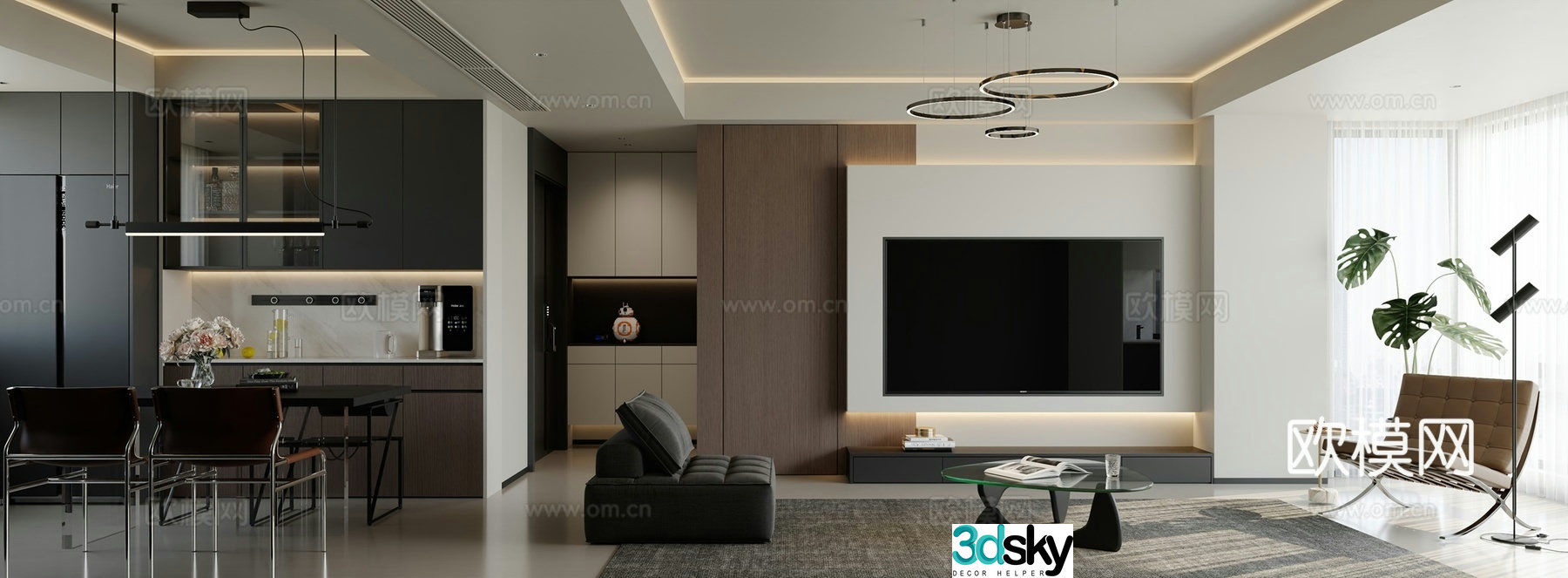 Modern living and dining room 3d model