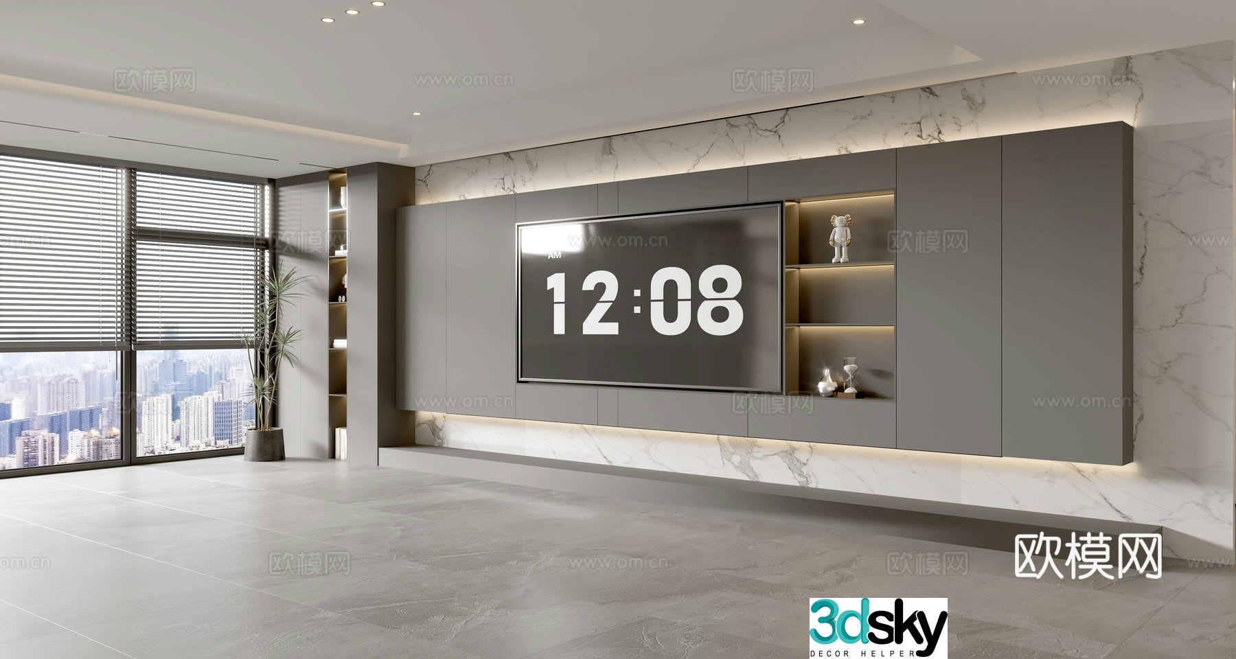 Modern Italian living room light luxury TV background wall full wall TV cabinet marble background wall 3d model