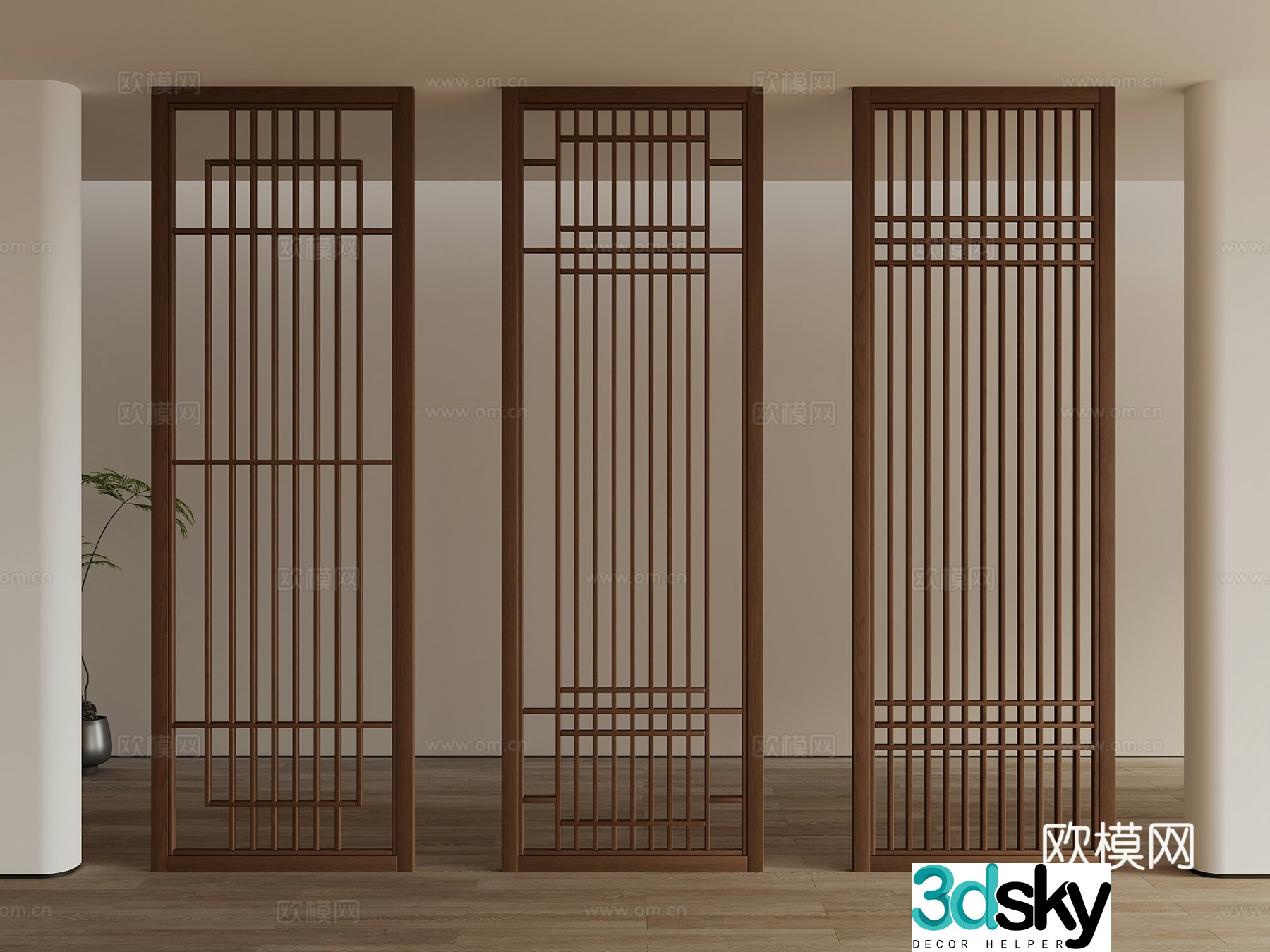 New Chinese style partition screen grid wooden partition 3d model