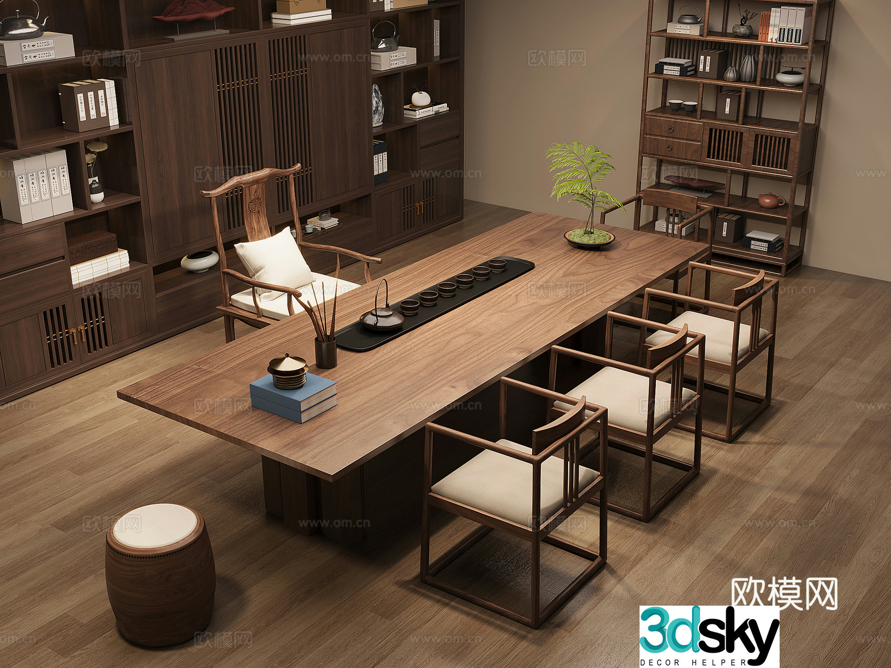 Solid wood tea table and chair combination large board table tea table solid wood storage cabinet tea cabinet tea set supplies 3D model