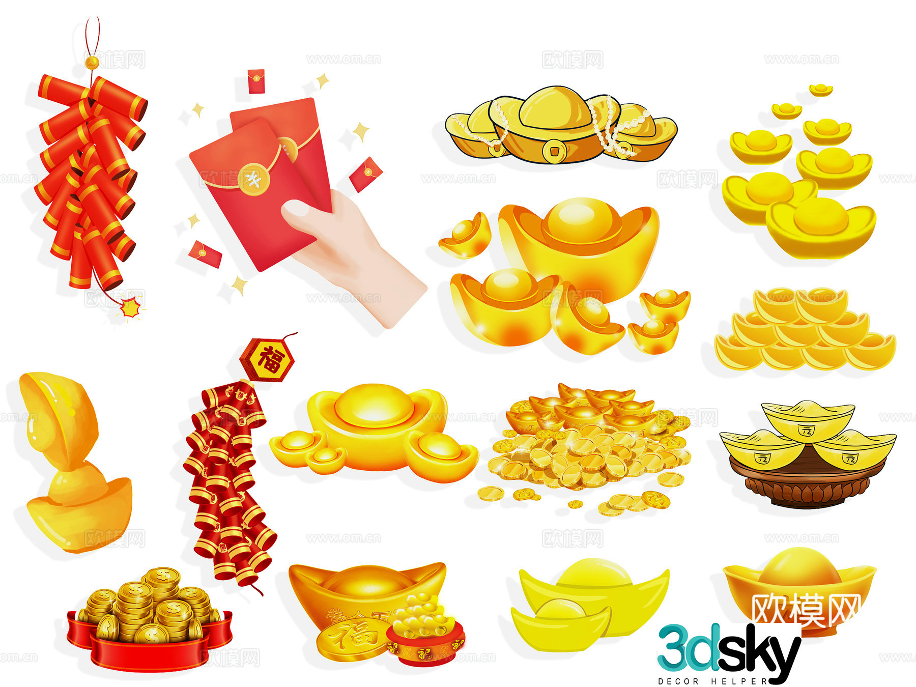 Chinese elements auspicious clouds ingots coins gold coins wallets silhouettes wall decorations decorations yuan 3d model
