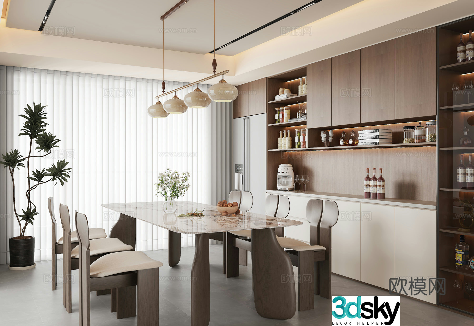 Middle style restaurant dining table and chair combination sideboard chandeliers 3D model