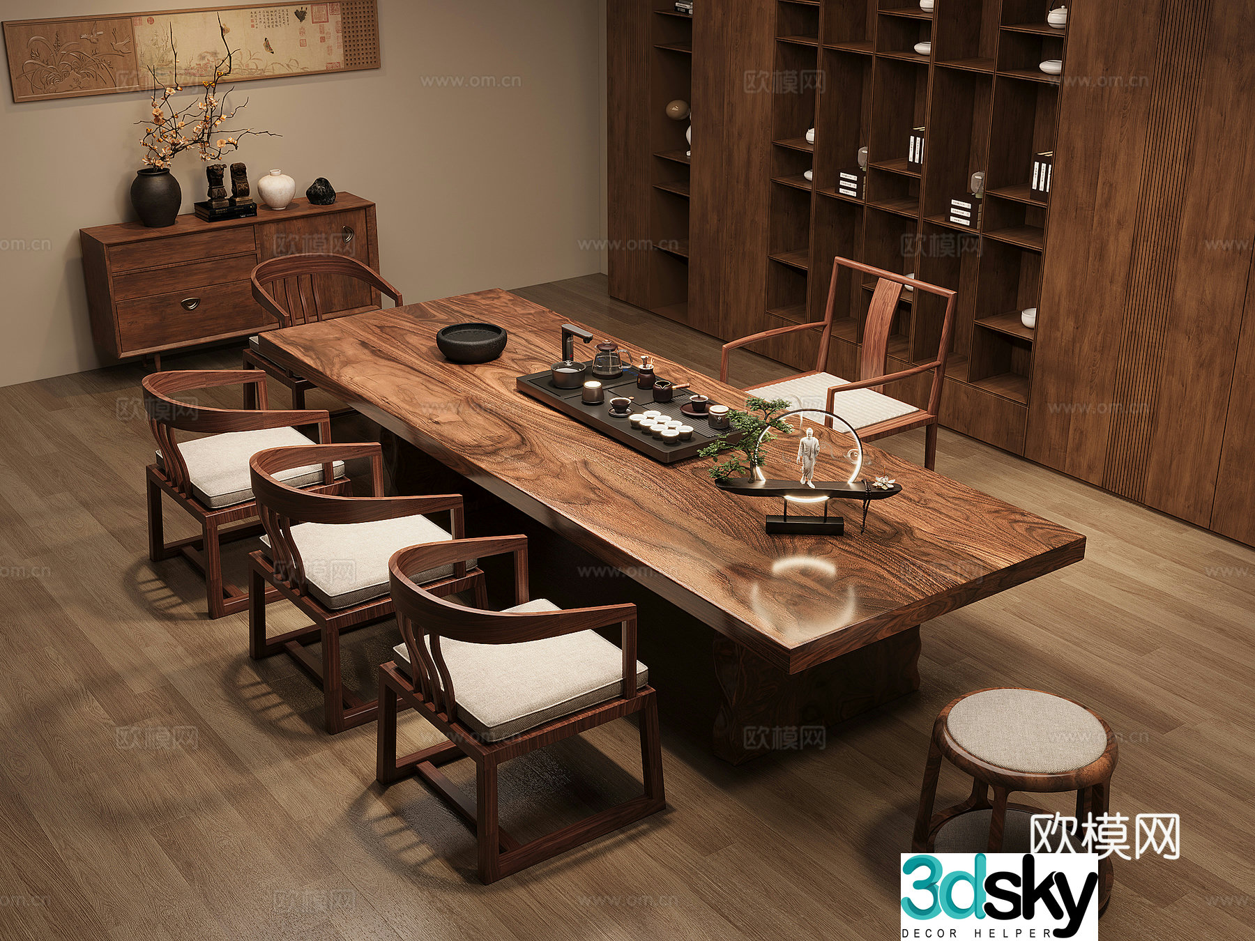 New Chinese-style solid wood tea table and chair combination large board table tea table solid wood storage cabinet tea cabinet 3D model